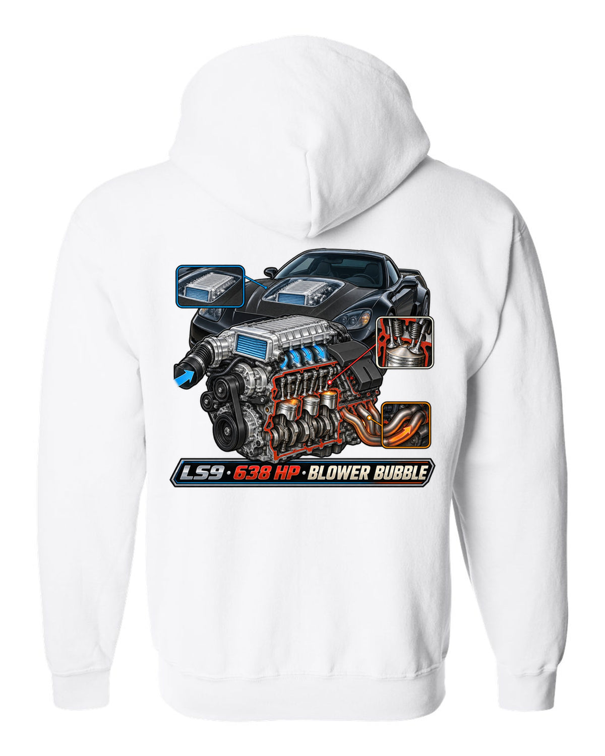 Cutaway engine print of the LS9 supercharger in a 2009 Chevrolet Corvette C6 ZR1 with 638 HP text white zip hoodie back view with the design