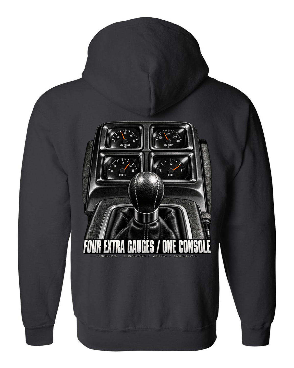 Cockpit print of a 2010 Chevrolet Camaro SS console gauge pod with four extra gauges text black zip hoodie back view with the design