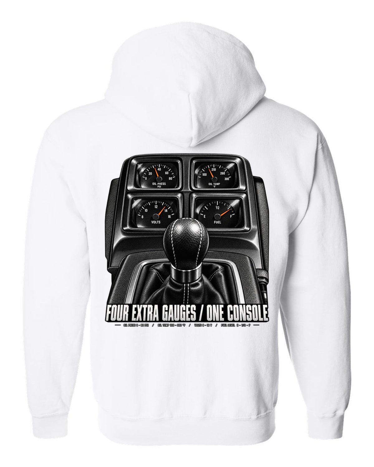 Cockpit print of a 2010 Chevrolet Camaro SS console gauge pod with four extra gauges text white zip hoodie back view with the design