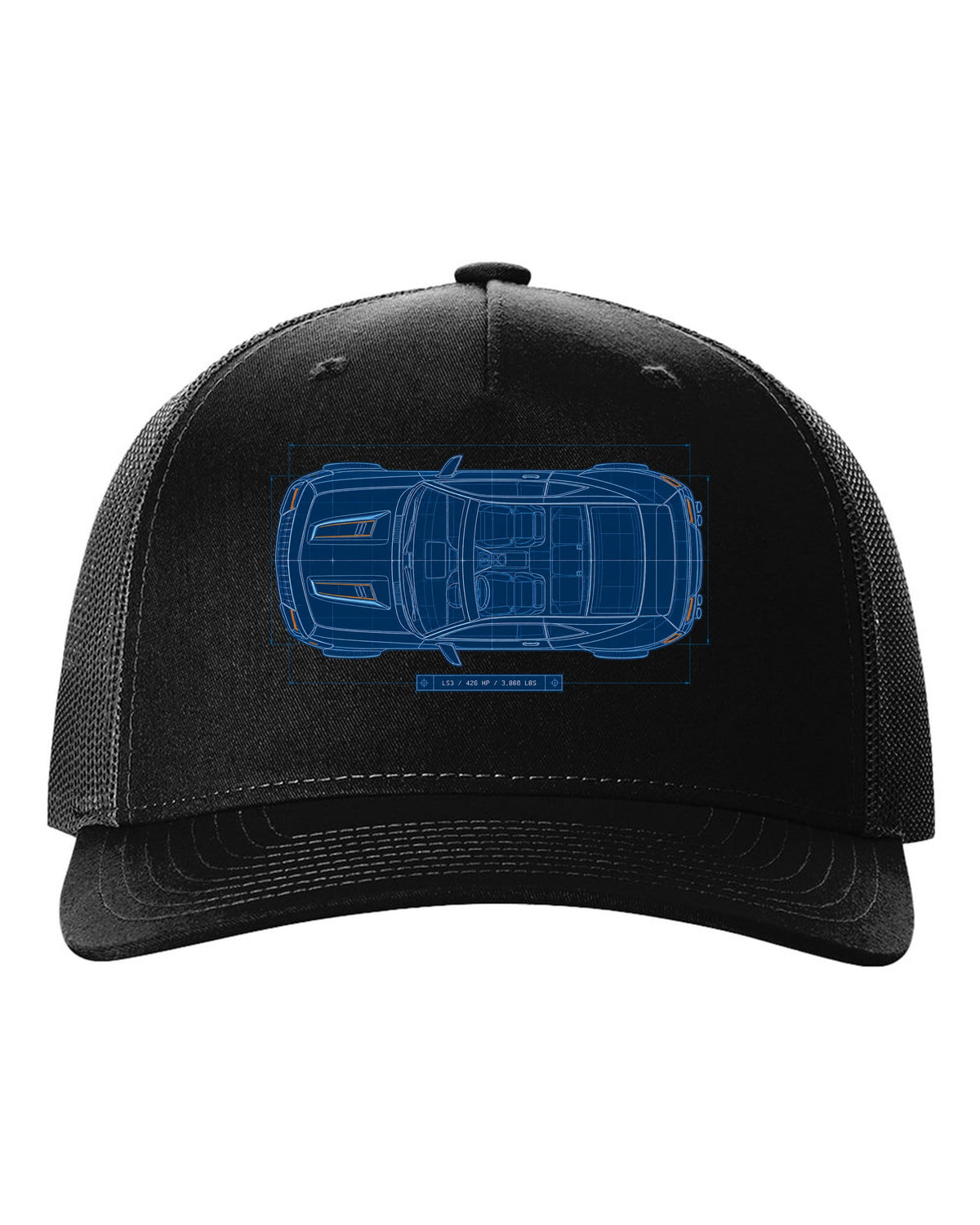 2010 Camaro SS fifth-generation top view blueprint line art with LS3 426 HP 3,860 lbs text black hat front view with the design