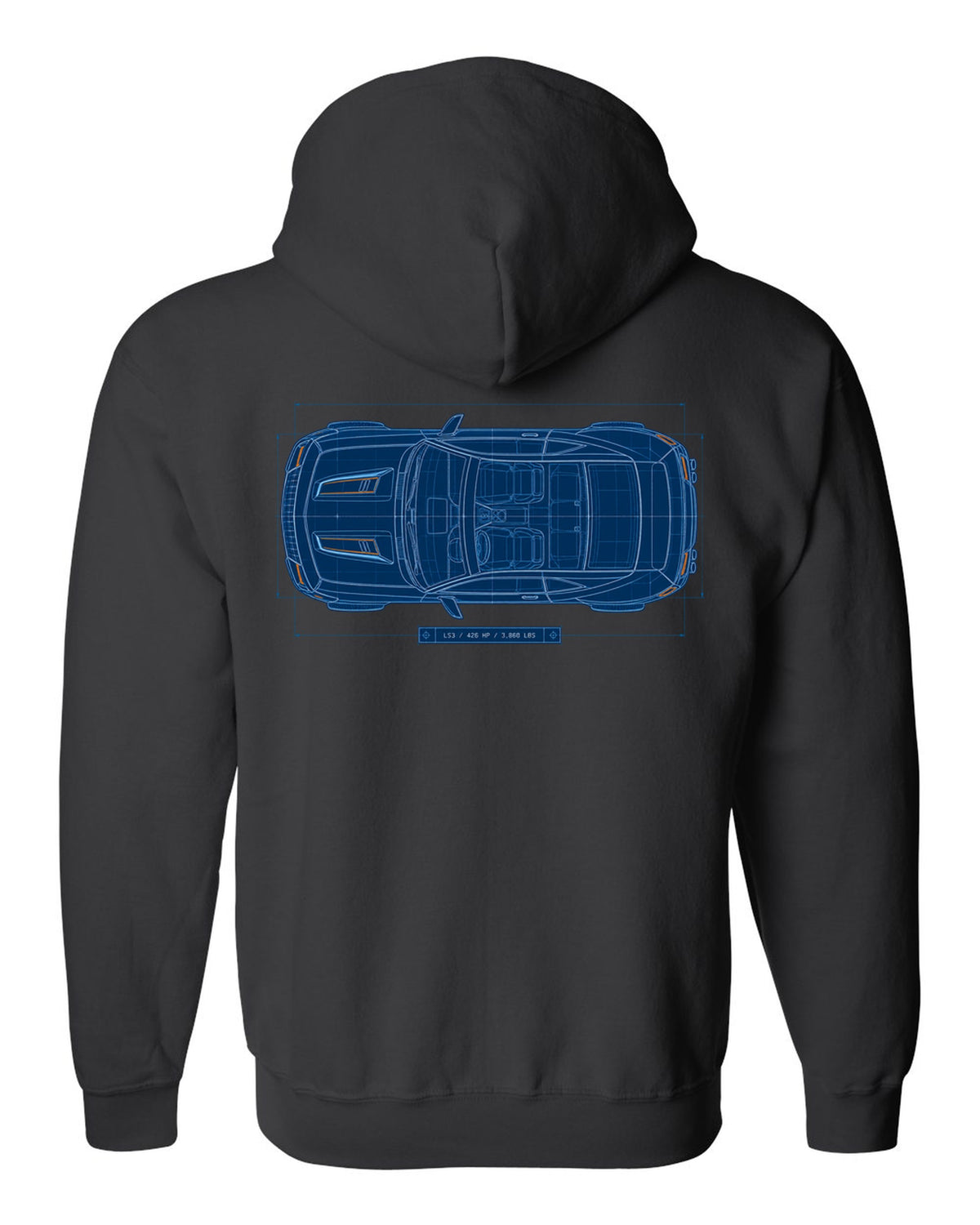 2010 Camaro SS fifth-generation top view blueprint line art with LS3 426 HP 3,860 lbs text black zip hoodie back view with the design