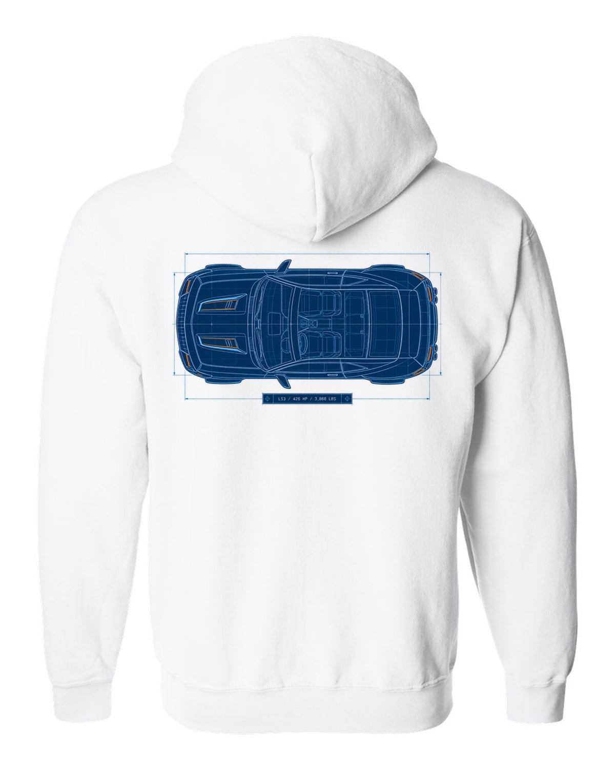 2010 Camaro SS fifth-generation top view blueprint line art with LS3 426 HP 3,860 lbs text white zip hoodie back view with the design