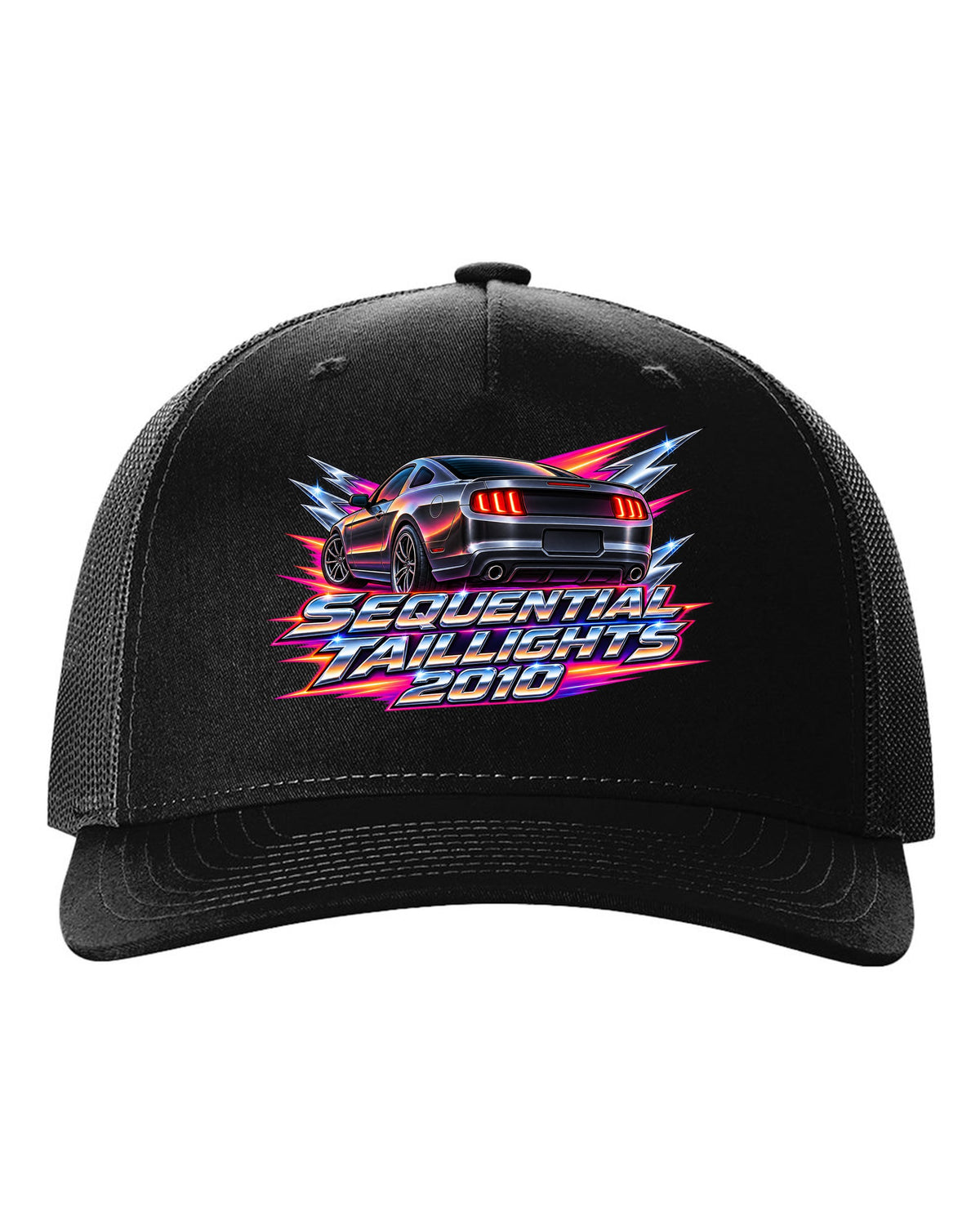 80s airbrush chrome 2005-2014 S197 Ford Mustang fastback with sequential taillights text black hat front view with the design