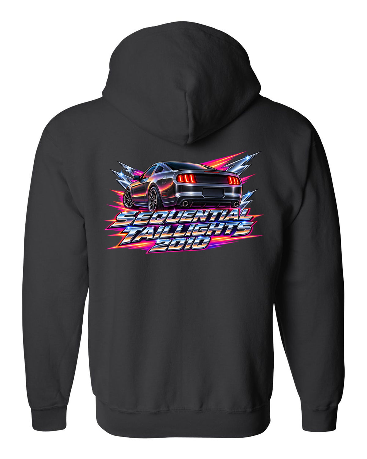 80s airbrush chrome 2005-2014 S197 Ford Mustang fastback with sequential taillights text black zip hoodie back view with the design