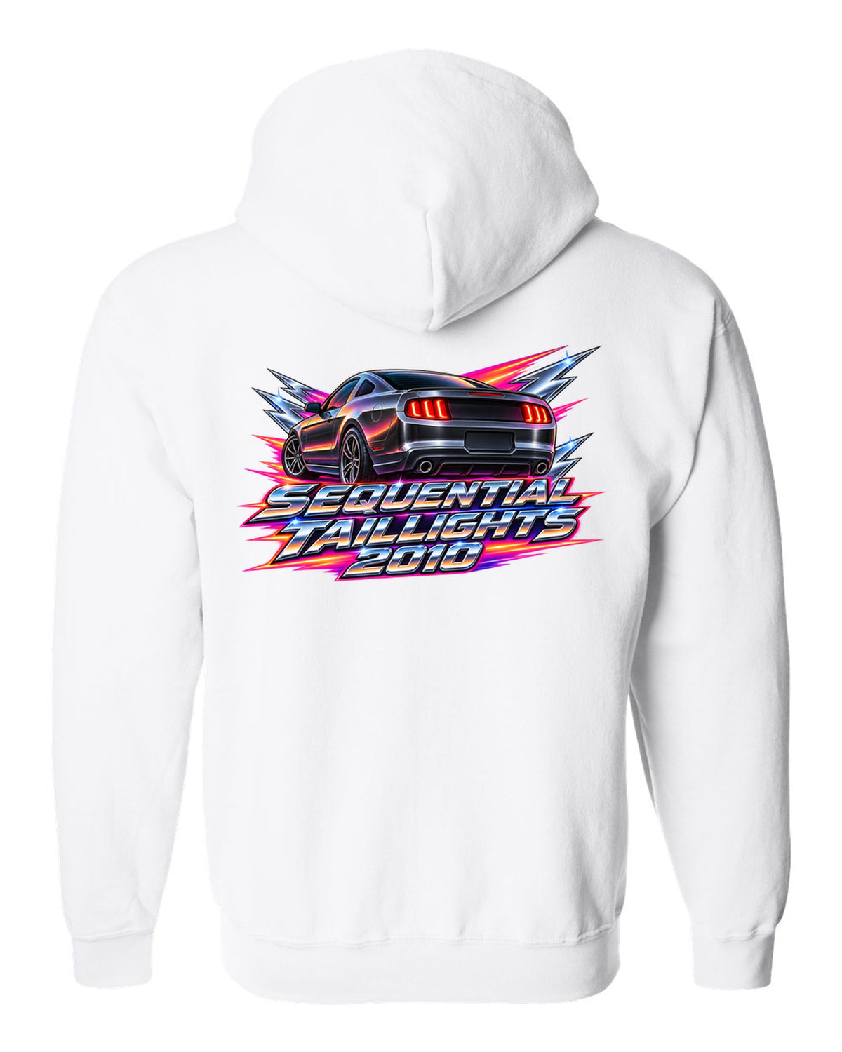 80s airbrush chrome 2005-2014 S197 Ford Mustang fastback with sequential taillights text white zip hoodie back view with the design