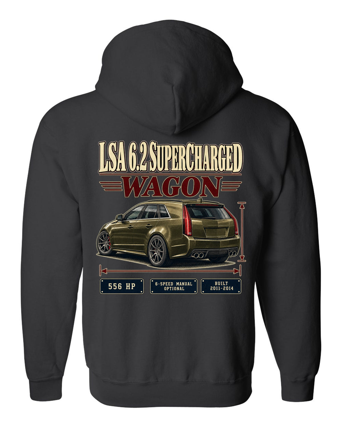 Archive panel print of a 2011-14 Cadillac CTS-V Sport Wagon black zip hoodie back view with the design