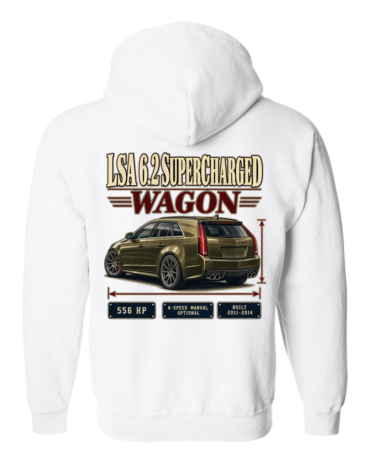 Archive panel print of a 2011-14 Cadillac CTS-V Sport Wagon white zip hoodie back view with the design