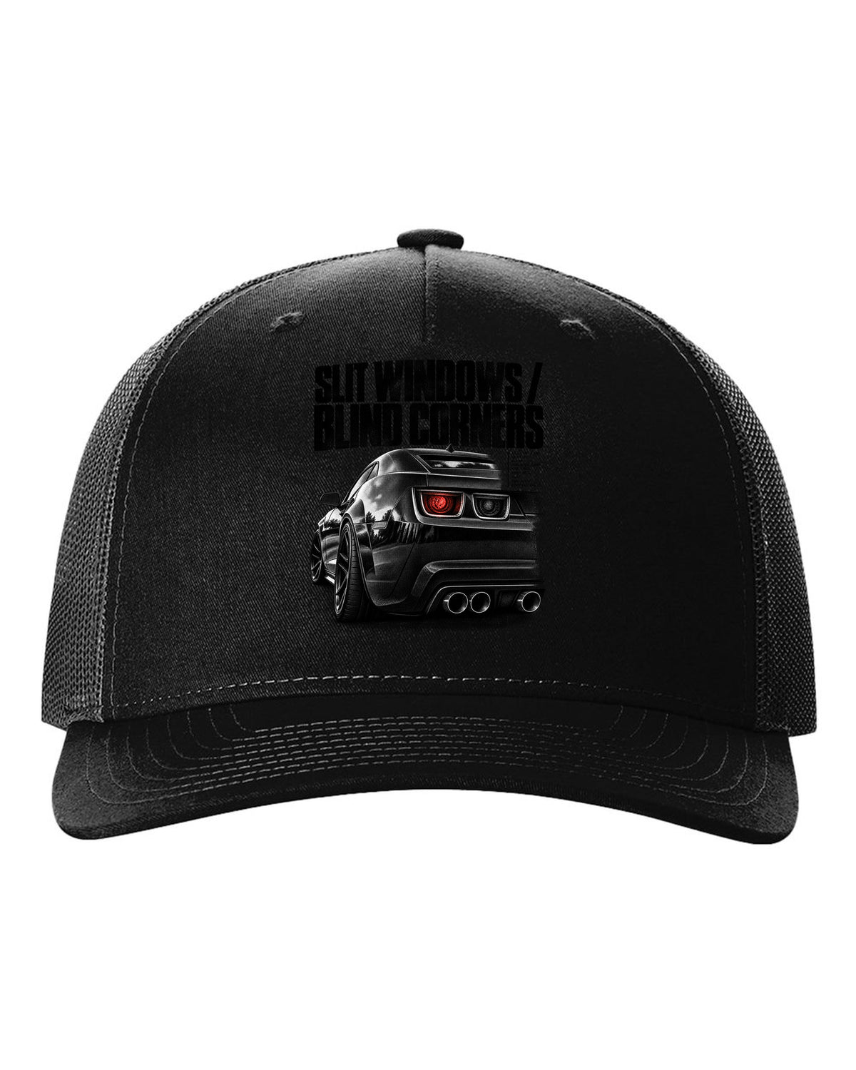 Rear three-quarter taillight print of a 2011 Chevrolet Camaro SS with slit windows text black hat front view with the design