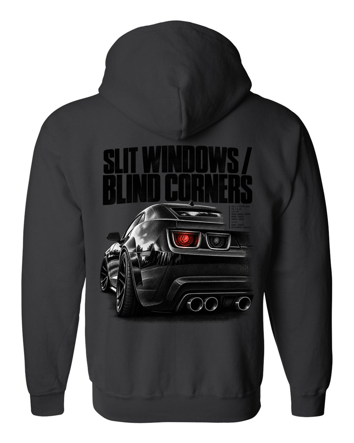 Rear three-quarter taillight print of a 2011 Chevrolet Camaro SS with slit windows text black zip hoodie back view with the design