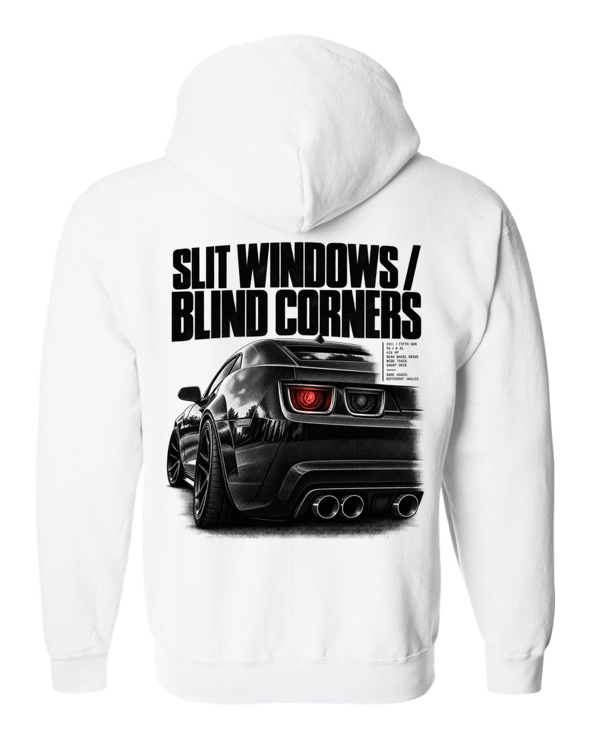 Rear three-quarter taillight print of a 2011 Chevrolet Camaro SS with slit windows text white zip hoodie back view with the design