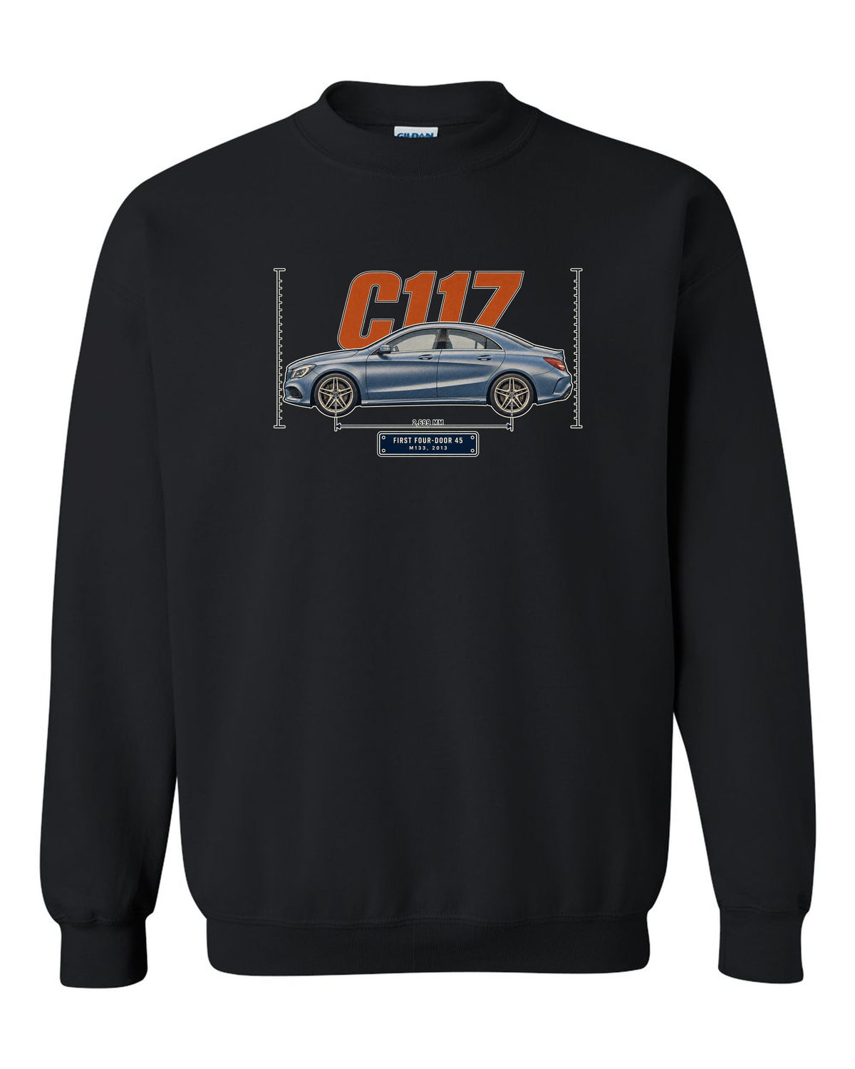 Mercedes-AMG CLA 45 C117 sedan halftone print black crewneck front view with the design