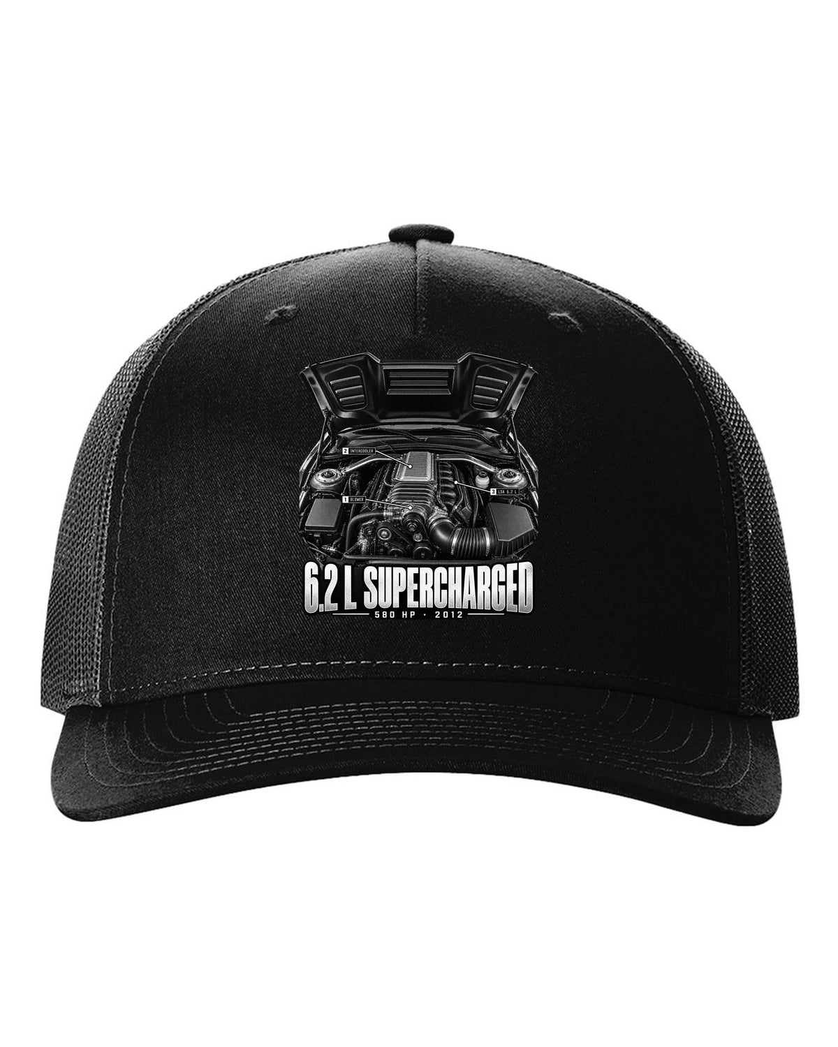 Engine hero print of a supercharged 6.2 L LSA in a 2013 Chevrolet Camaro ZL1 with numbered callouts black hat front view with the design