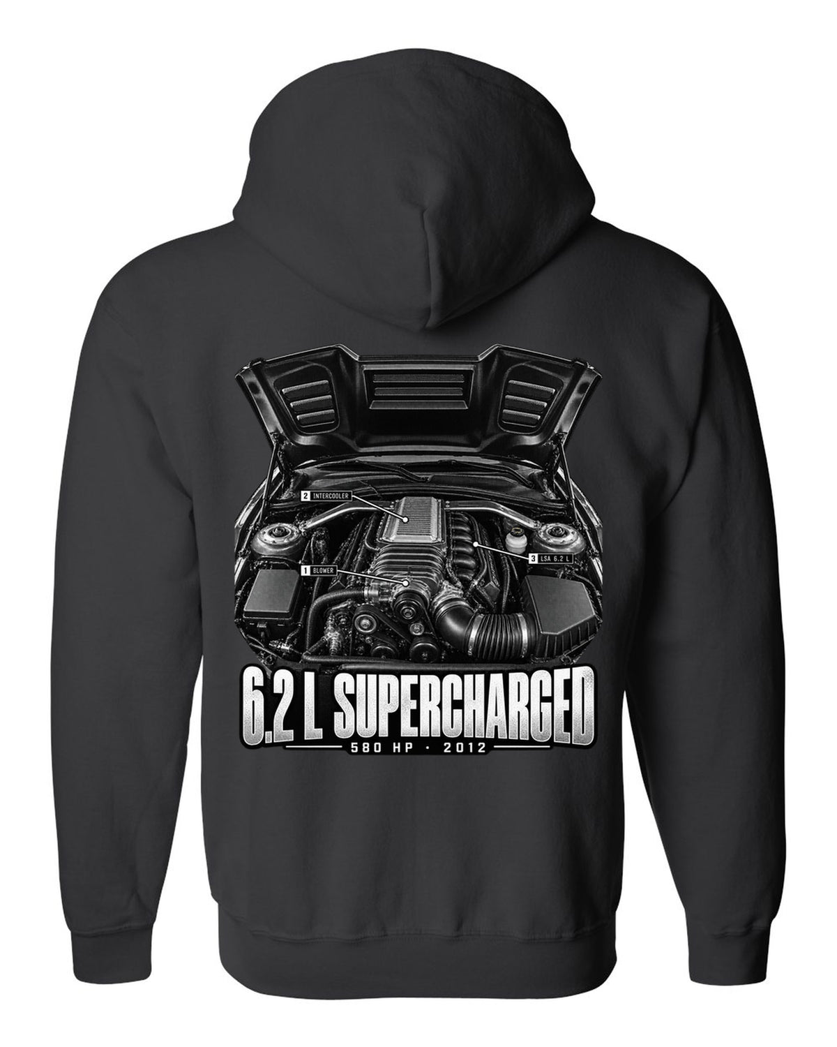 Engine hero print of a supercharged 6.2 L LSA in a 2013 Chevrolet Camaro ZL1 with numbered callouts black zip hoodie back view with the design