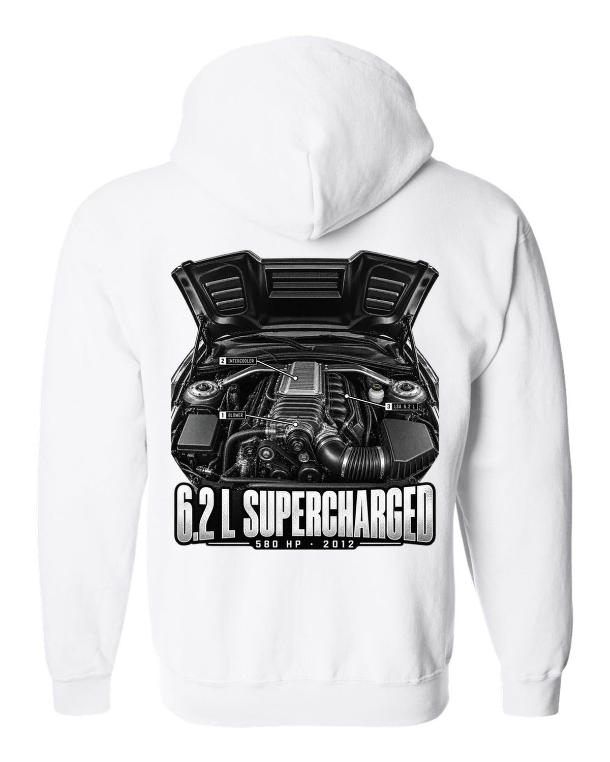 Engine hero print of a supercharged 6.2 L LSA in a 2013 Chevrolet Camaro ZL1 with numbered callouts white zip hoodie back view with the design