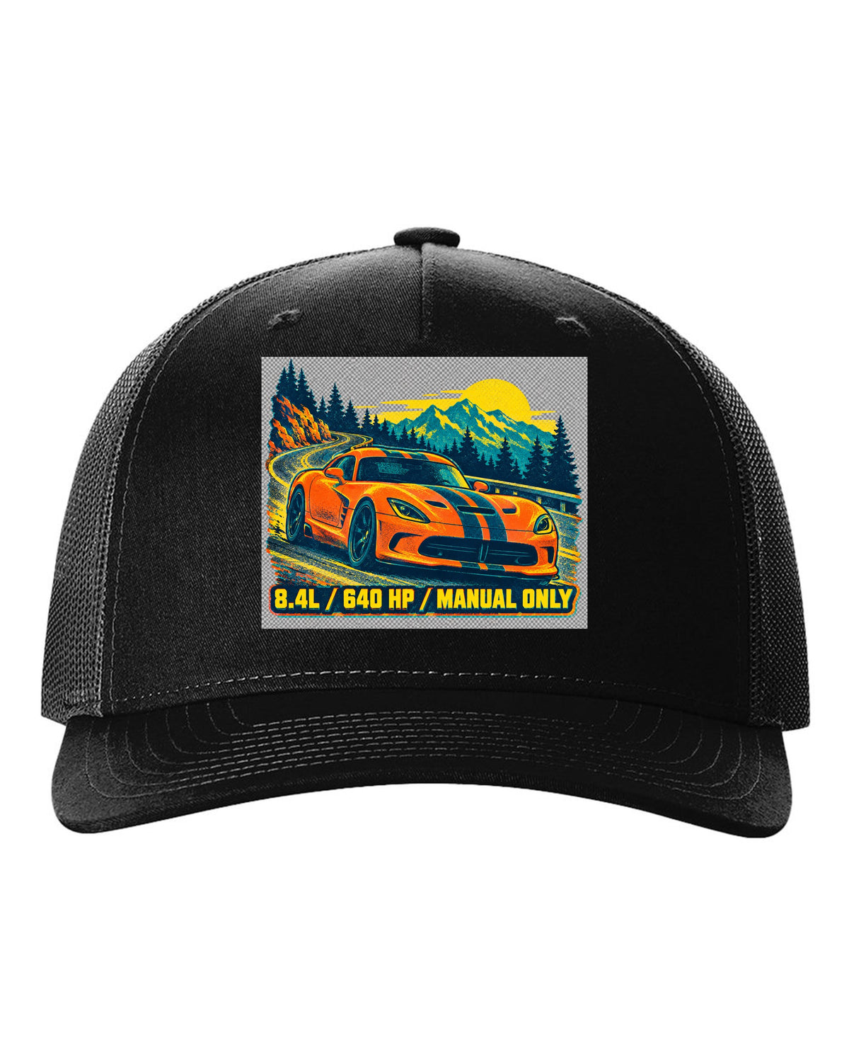 Risograph spot-colour print of a 2013 Dodge Viper VX I with 8.4L text black hat front view with the design