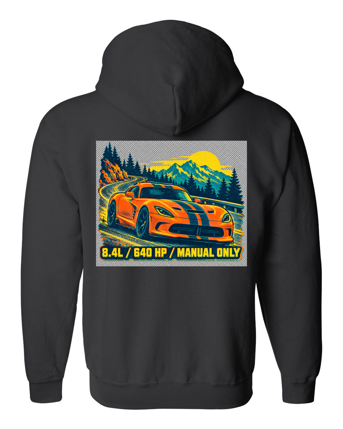 Risograph spot-colour print of a 2013 Dodge Viper VX I with 8.4L text black zip hoodie back view with the design