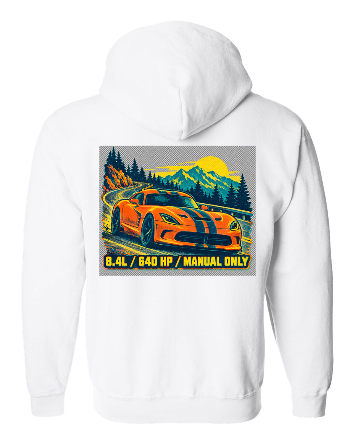 Risograph spot-colour print of a 2013 Dodge Viper VX I with 8.4L text white zip hoodie back view with the design