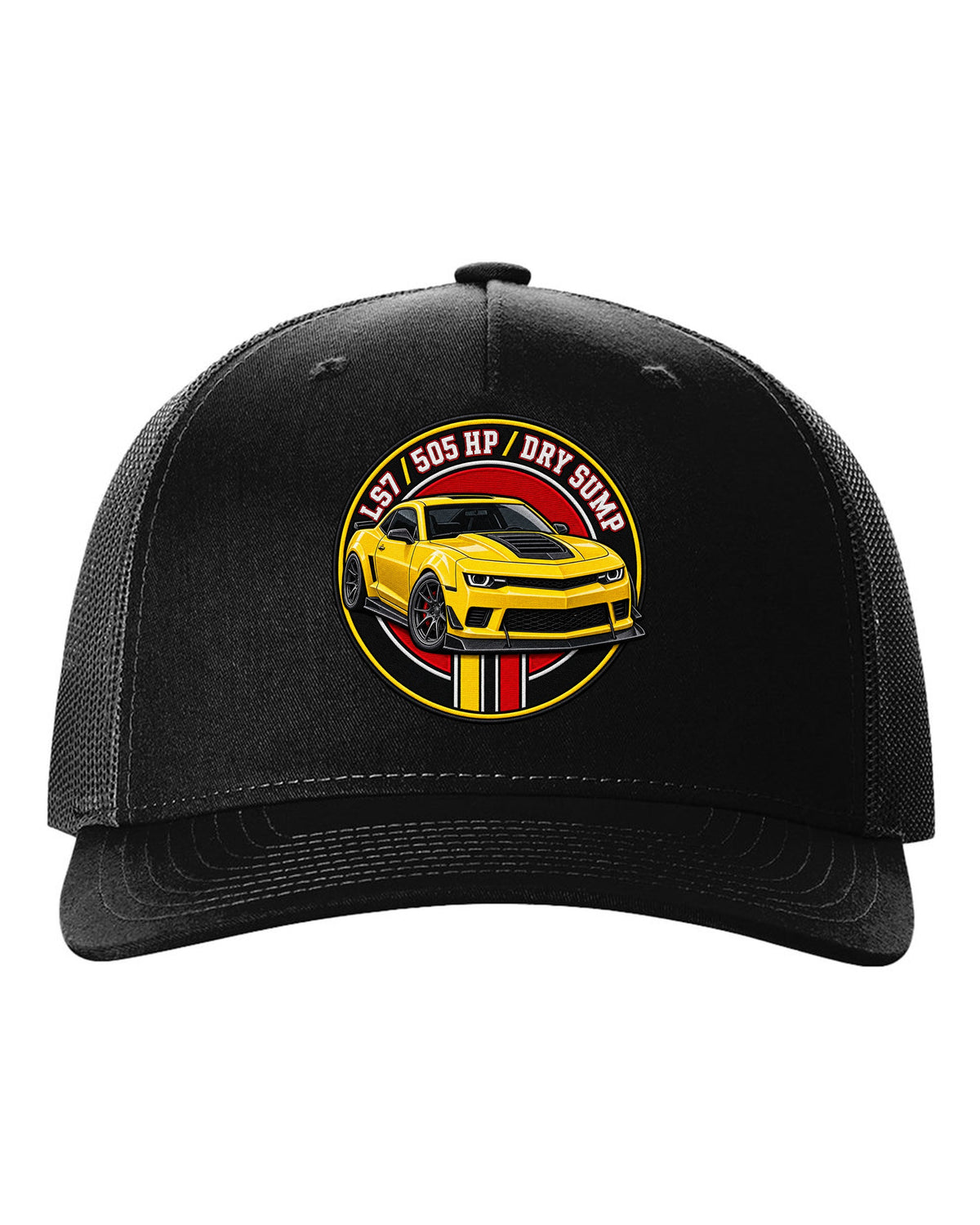 2014 Camaro Z/28 in a varsity crest design with text LS7 505 HP Dry Sump black hat front view with the design