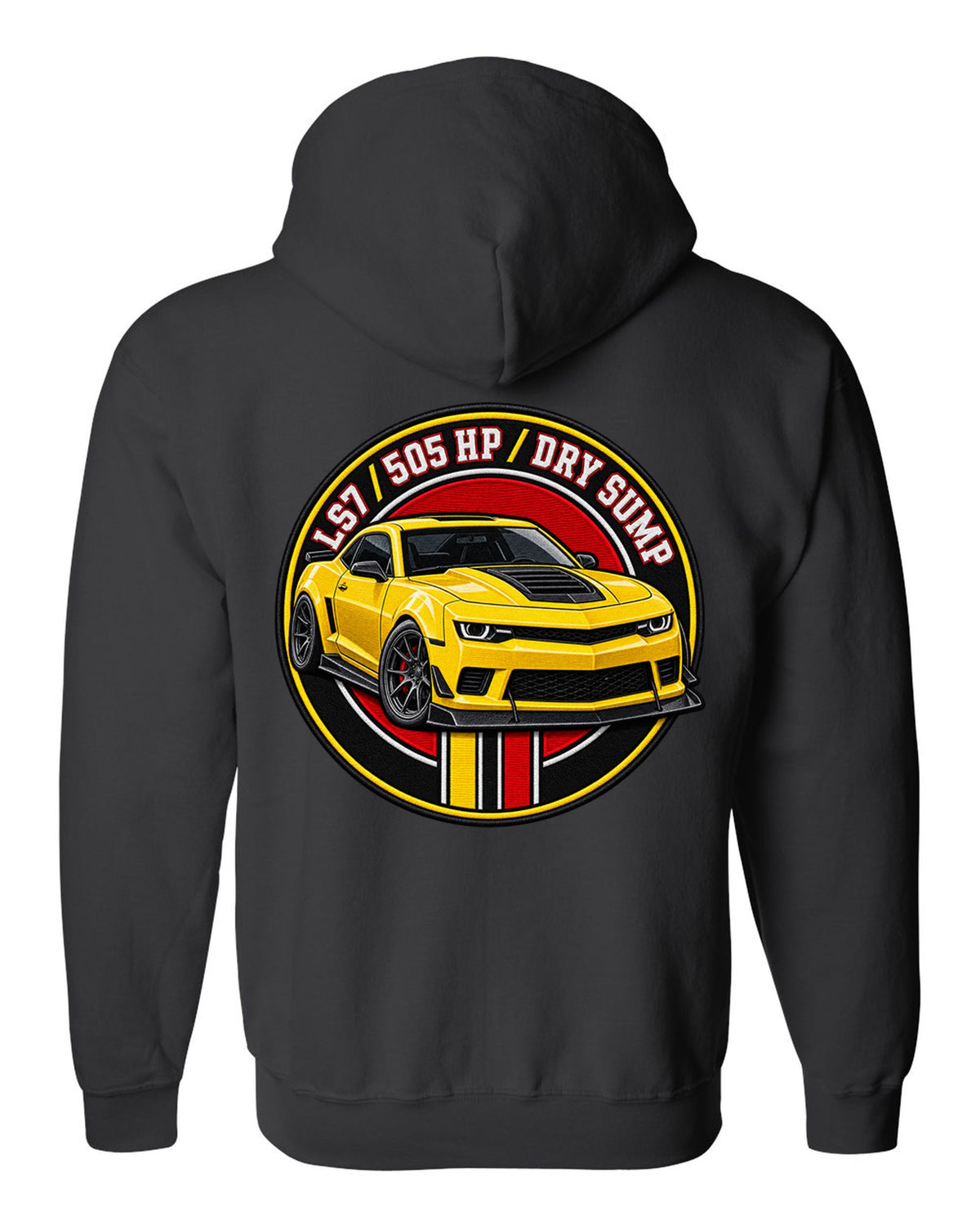 2014 Camaro Z/28 in a varsity crest design with text LS7 505 HP Dry Sump black zip hoodie back view with the design