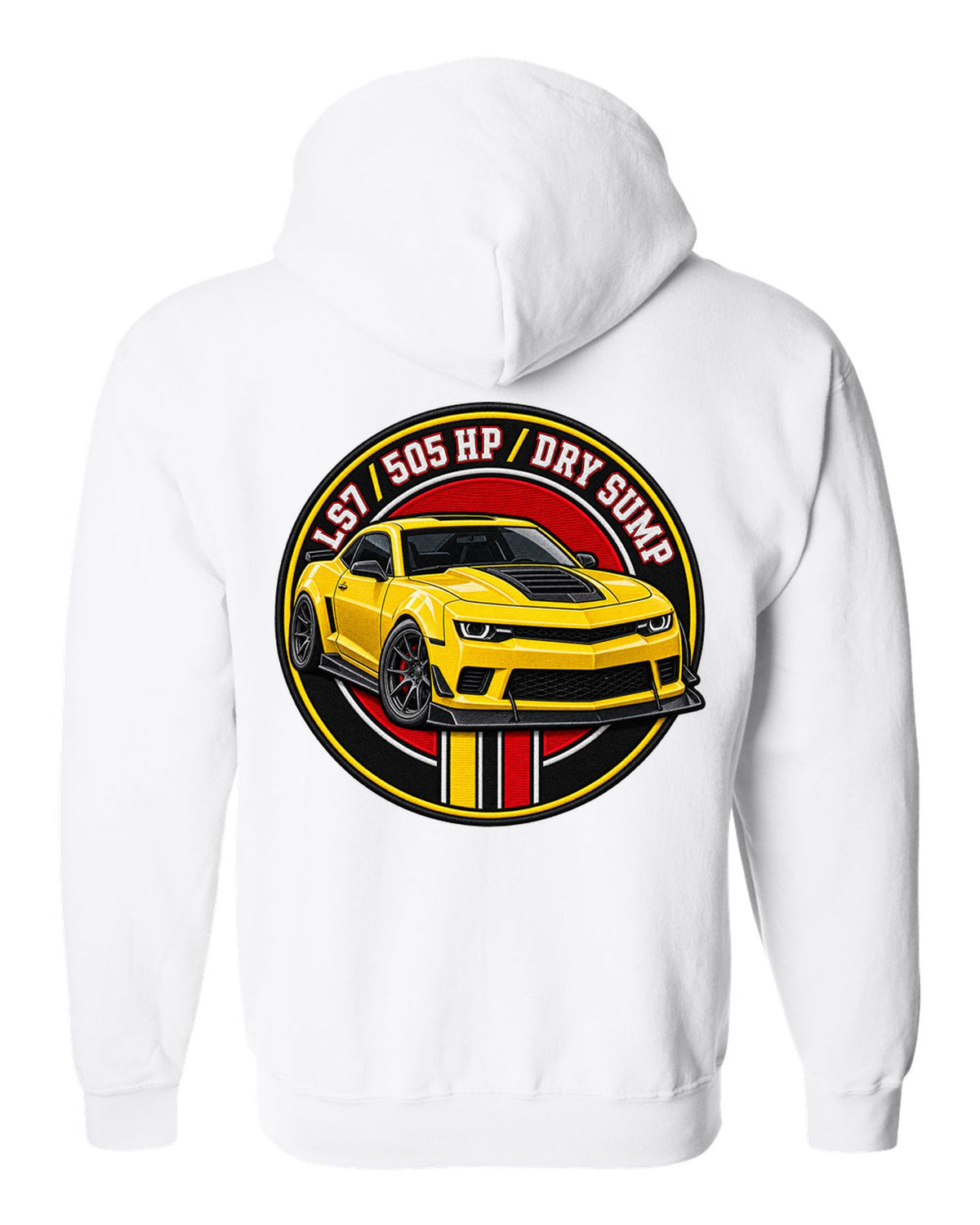 2014 Camaro Z/28 in a varsity crest design with text LS7 505 HP Dry Sump white zip hoodie back view with the design