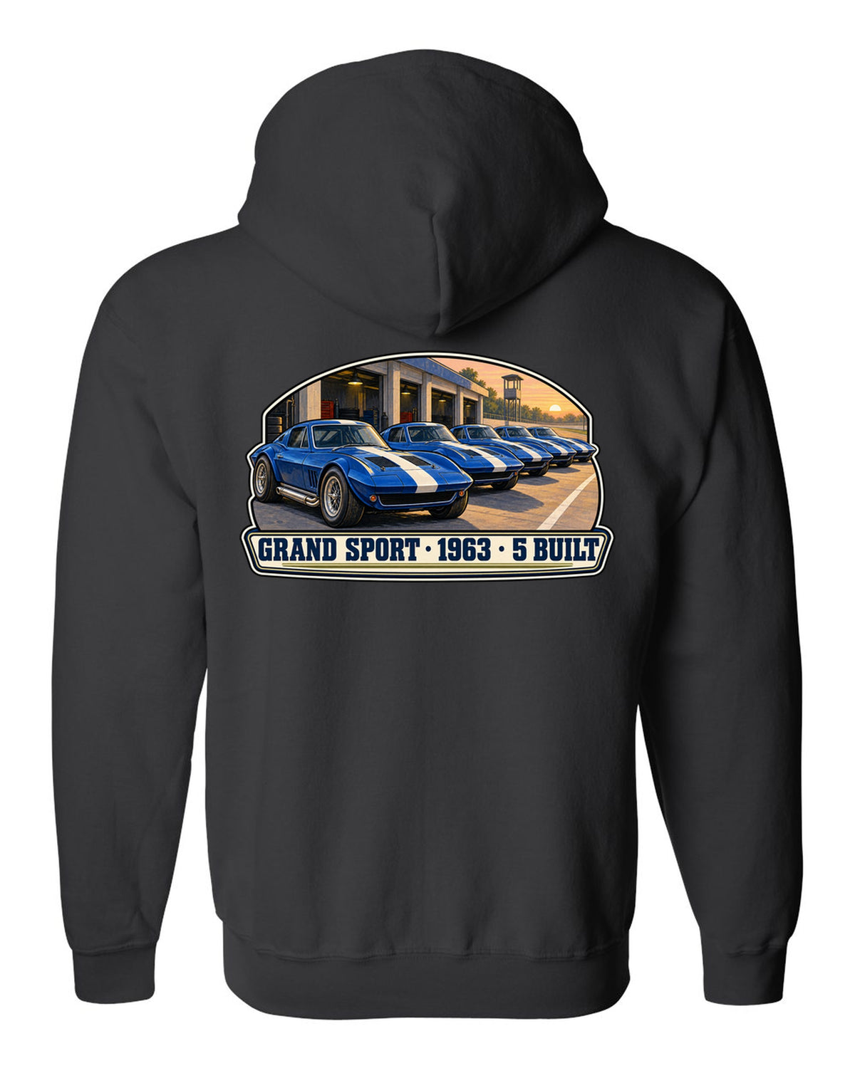 Isometric vector print of a 2014 Chevrolet Corvette C7 Stingray highlighting the fender gill vent black zip hoodie back view with the design