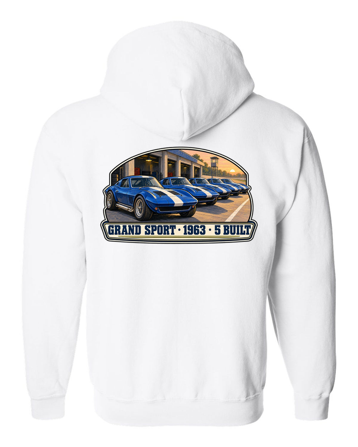 Isometric vector print of a 2014 Chevrolet Corvette C7 Stingray highlighting the fender gill vent white zip hoodie back view with the design