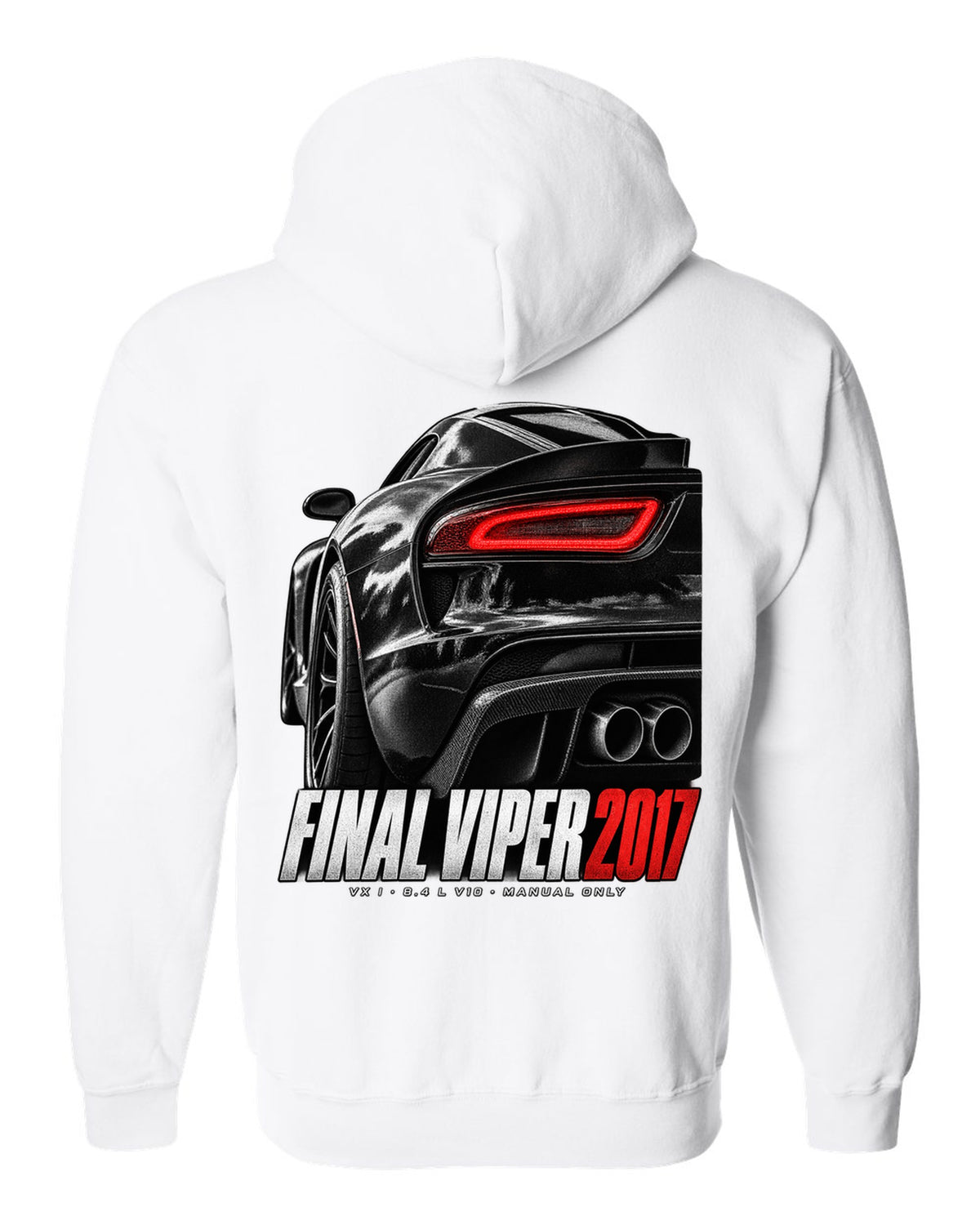 2014 Dodge Viper SRT VX I rear taillight macro print with Final Viper 2017 lettering white zip hoodie back view with the design
