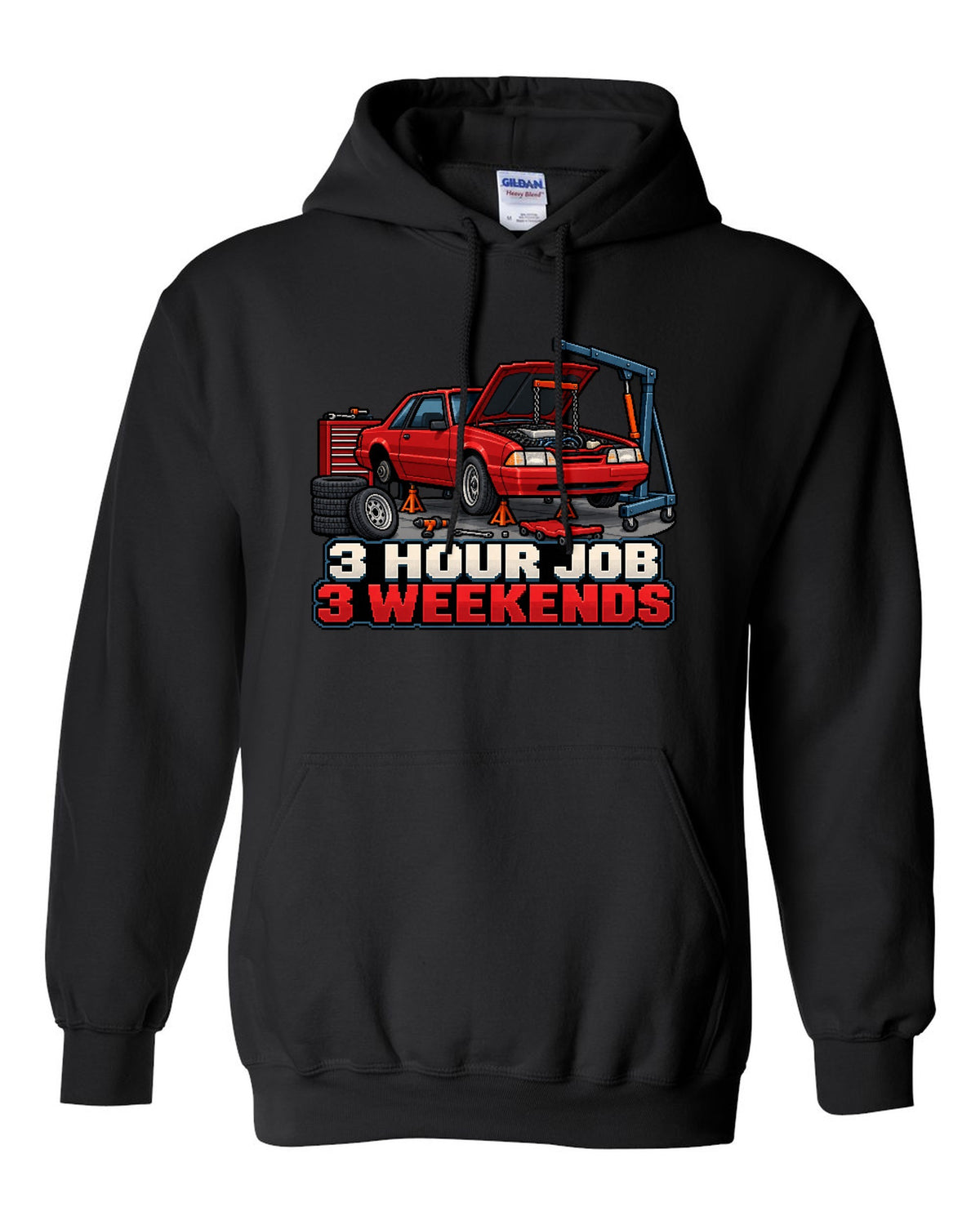 16-bit pixel art print of a 1989 Ford Mustang Fox Body notchback in a workshop black pull over hoodie front view with the design