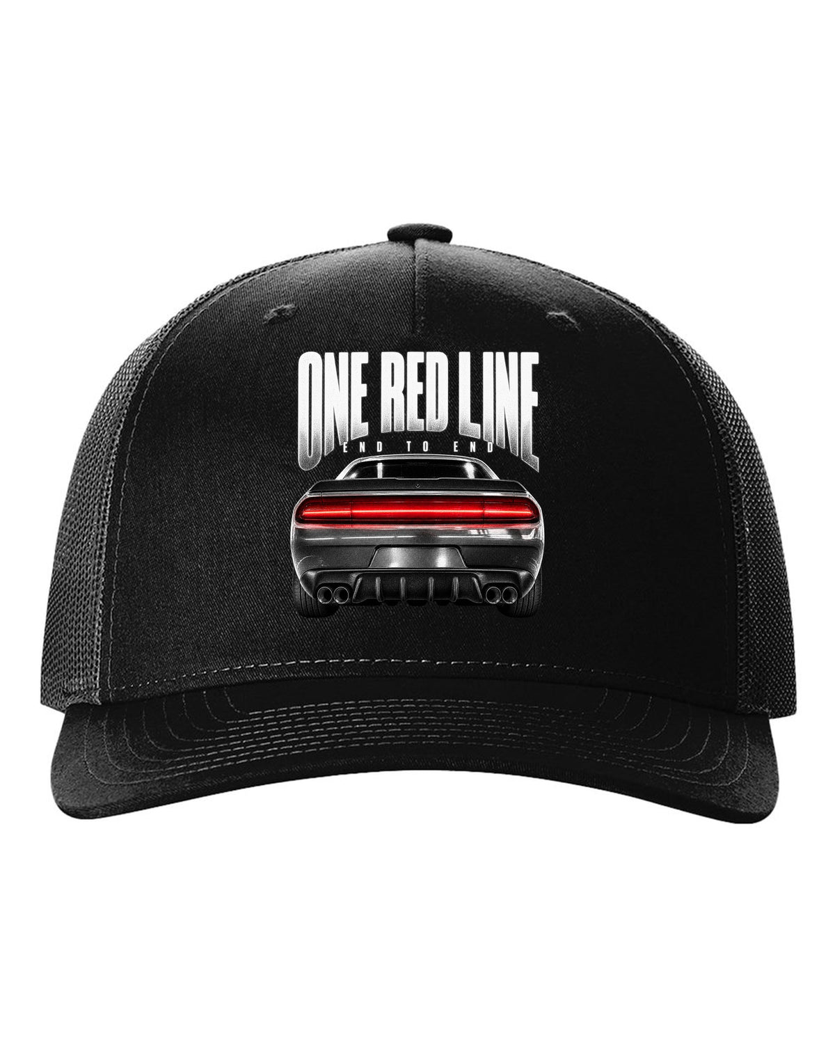 Taillight macro print of a 2015 Dodge Challenger Scat Pack with a single red line black hat front view with the design