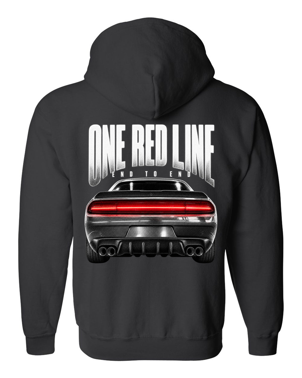 Taillight macro print of a 2015 Dodge Challenger Scat Pack with a single red line black zip hoodie back view with the design