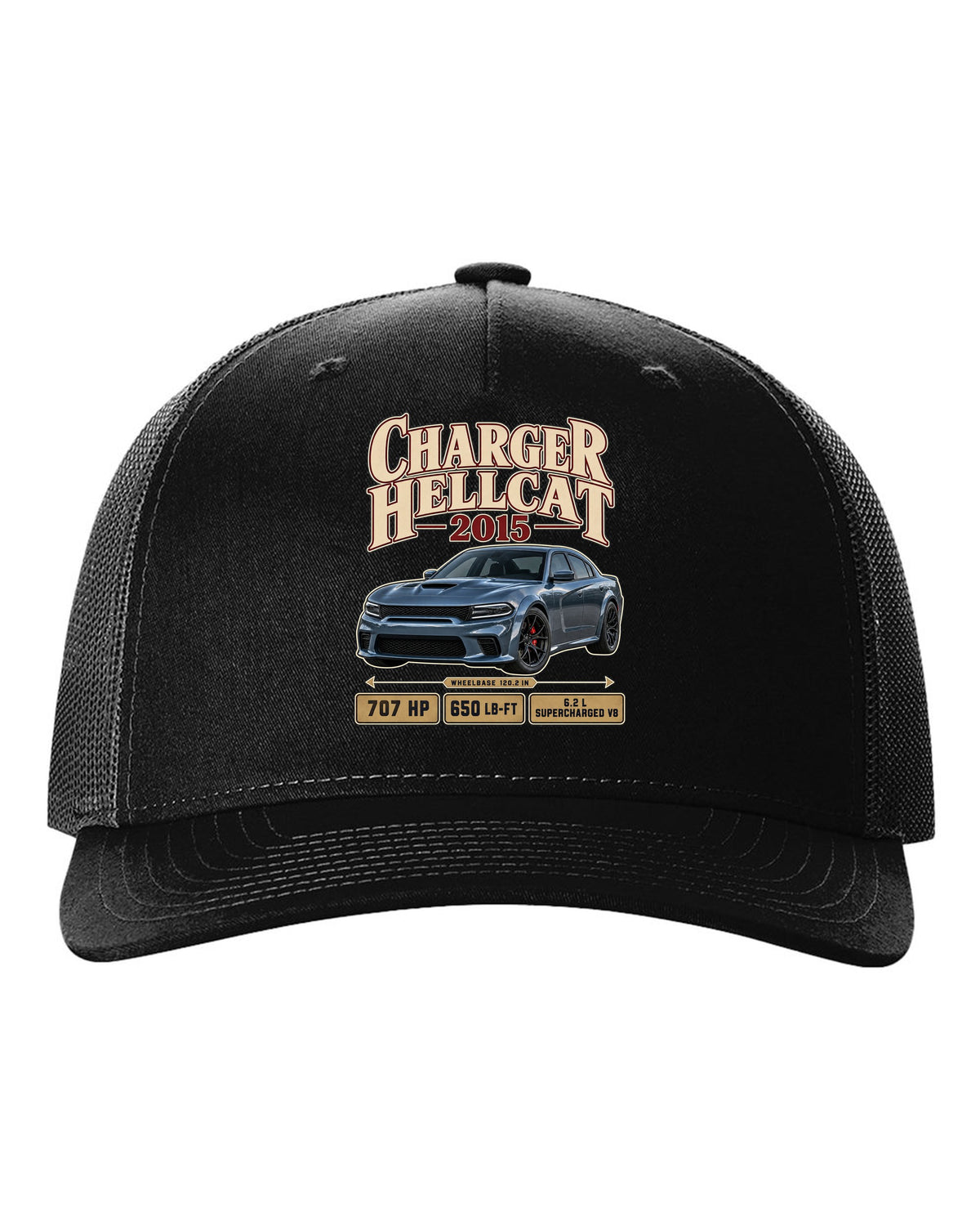 print of a 2015 Dodge Charger SRT Hellcat in an archive panel layout black hat front view with the design