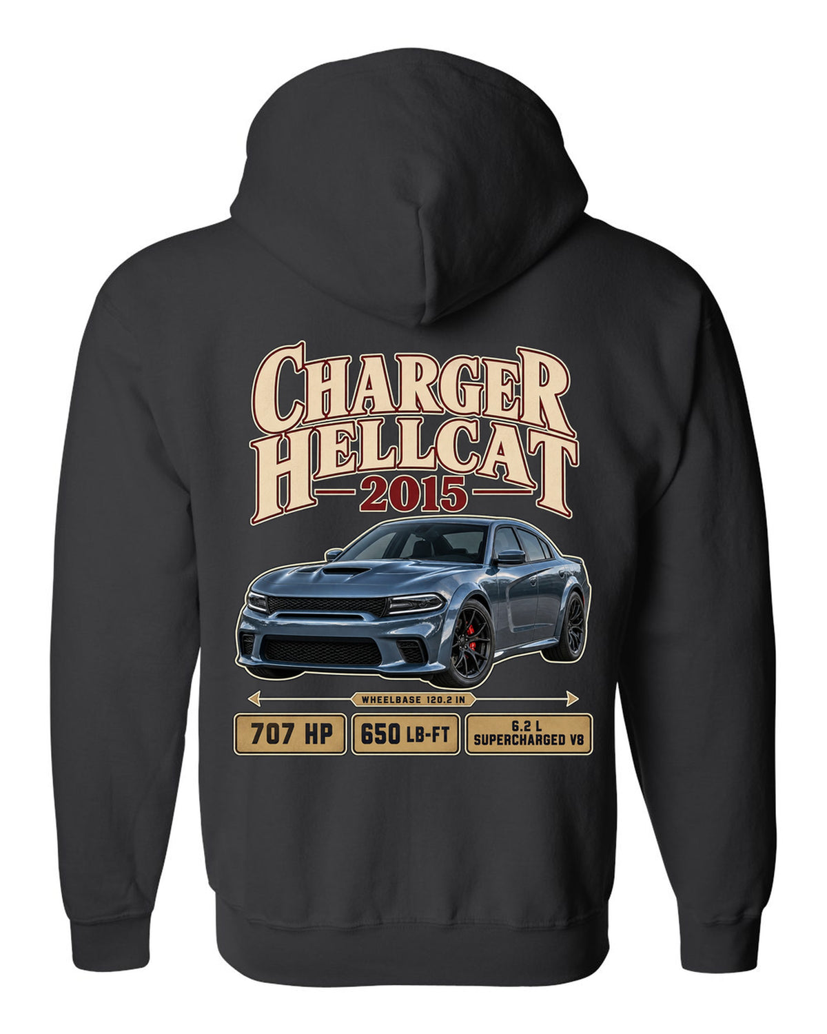 print of a 2015 Dodge Charger SRT Hellcat in an archive panel layout black zip hoodie back view with the design