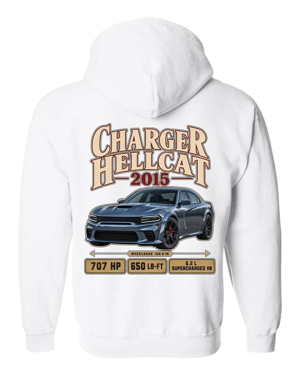 print of a 2015 Dodge Charger SRT Hellcat in an archive panel layout white zip hoodie back view with the design
