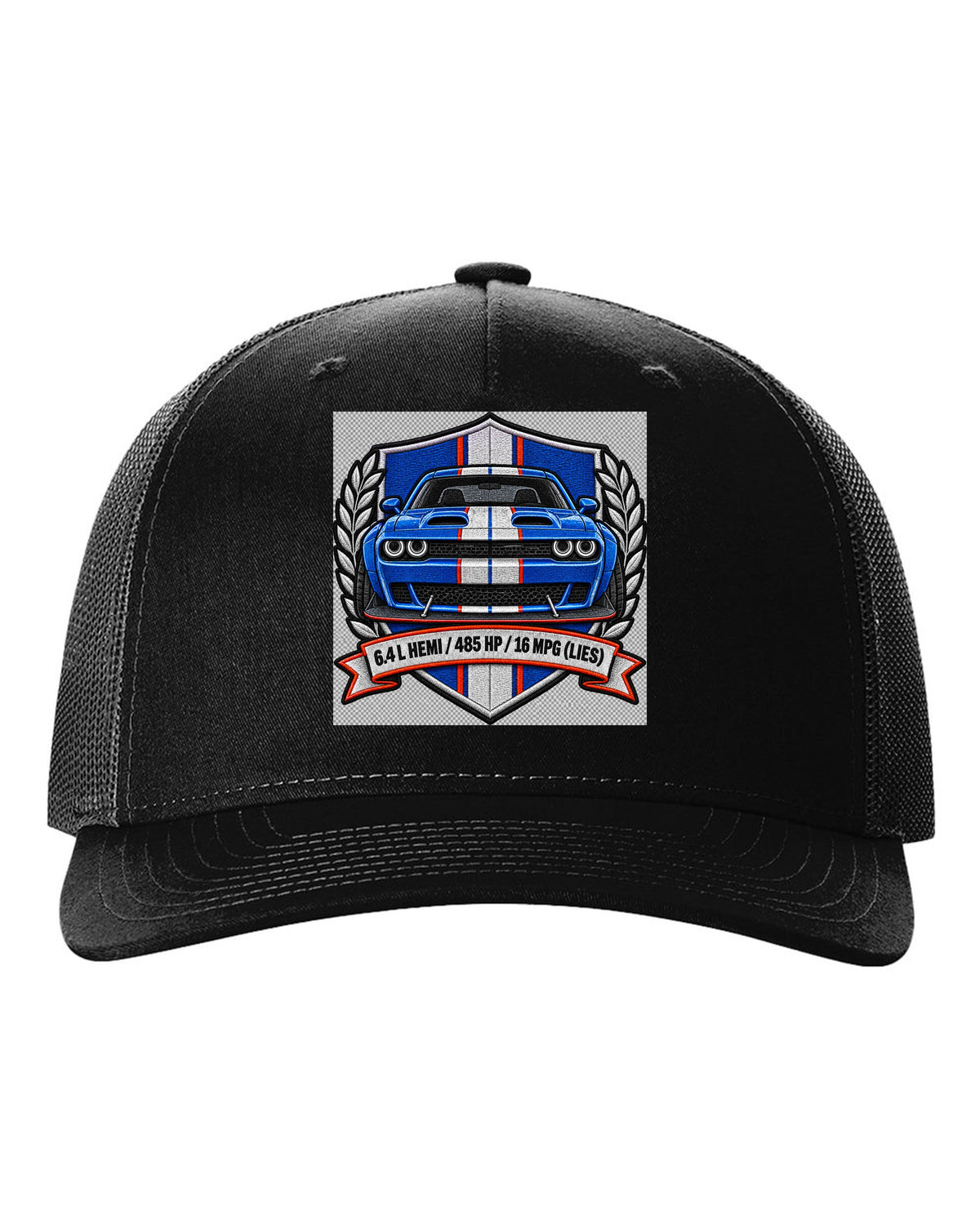 Embroidered shield patch design for a 2015 Dodge Challenger Scat Pack 392 Widebody with 6.4 L HEMI specs black hat front view with the design