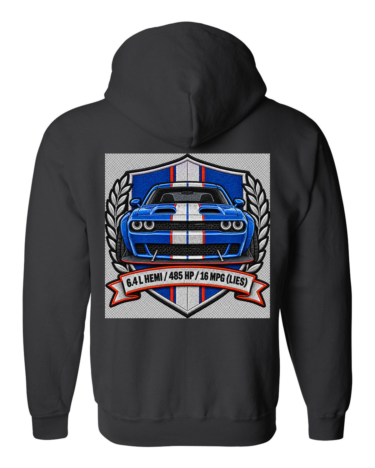 Embroidered shield patch design for a 2015 Dodge Challenger Scat Pack 392 Widebody with 6.4 L HEMI specs black zip hoodie back view with the design
