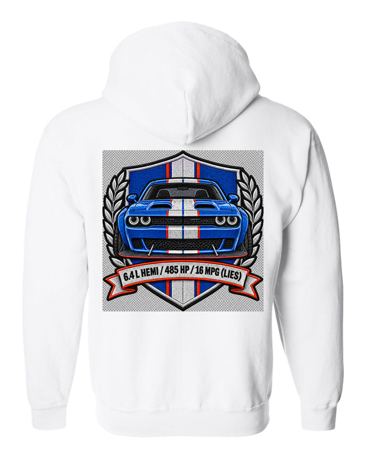Embroidered shield patch design for a 2015 Dodge Challenger Scat Pack 392 Widebody with 6.4 L HEMI specs white zip hoodie back view with the design