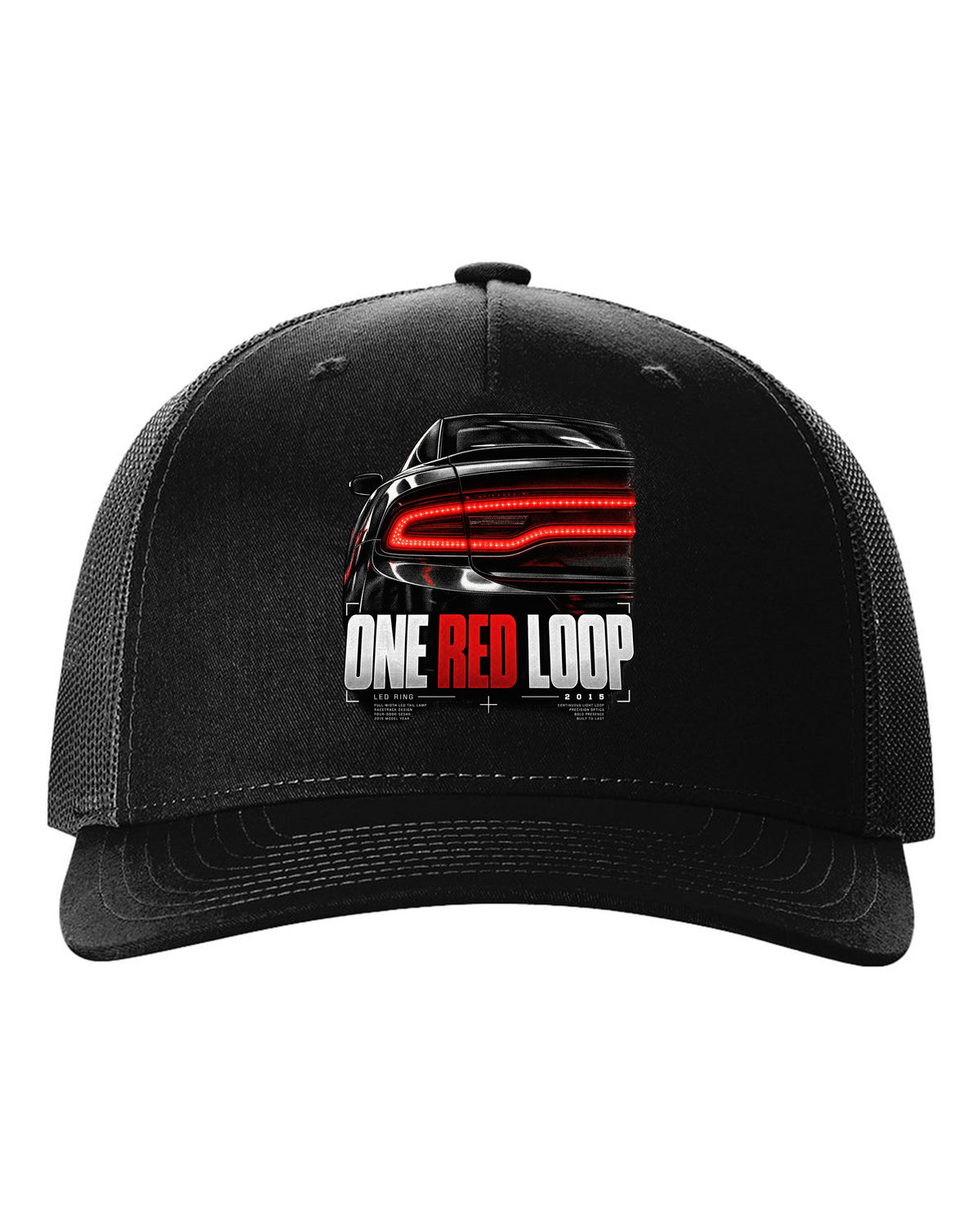 Macro print of a 2015 Dodge Charger LX/LD red LED ring taillight black hat front view with the design