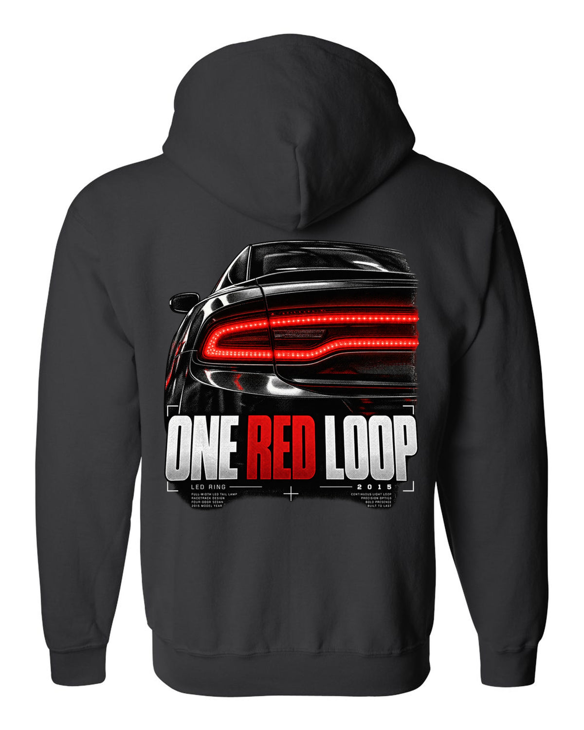 Macro print of a 2015 Dodge Charger LX/LD red LED ring taillight black zip hoodie back view with the design