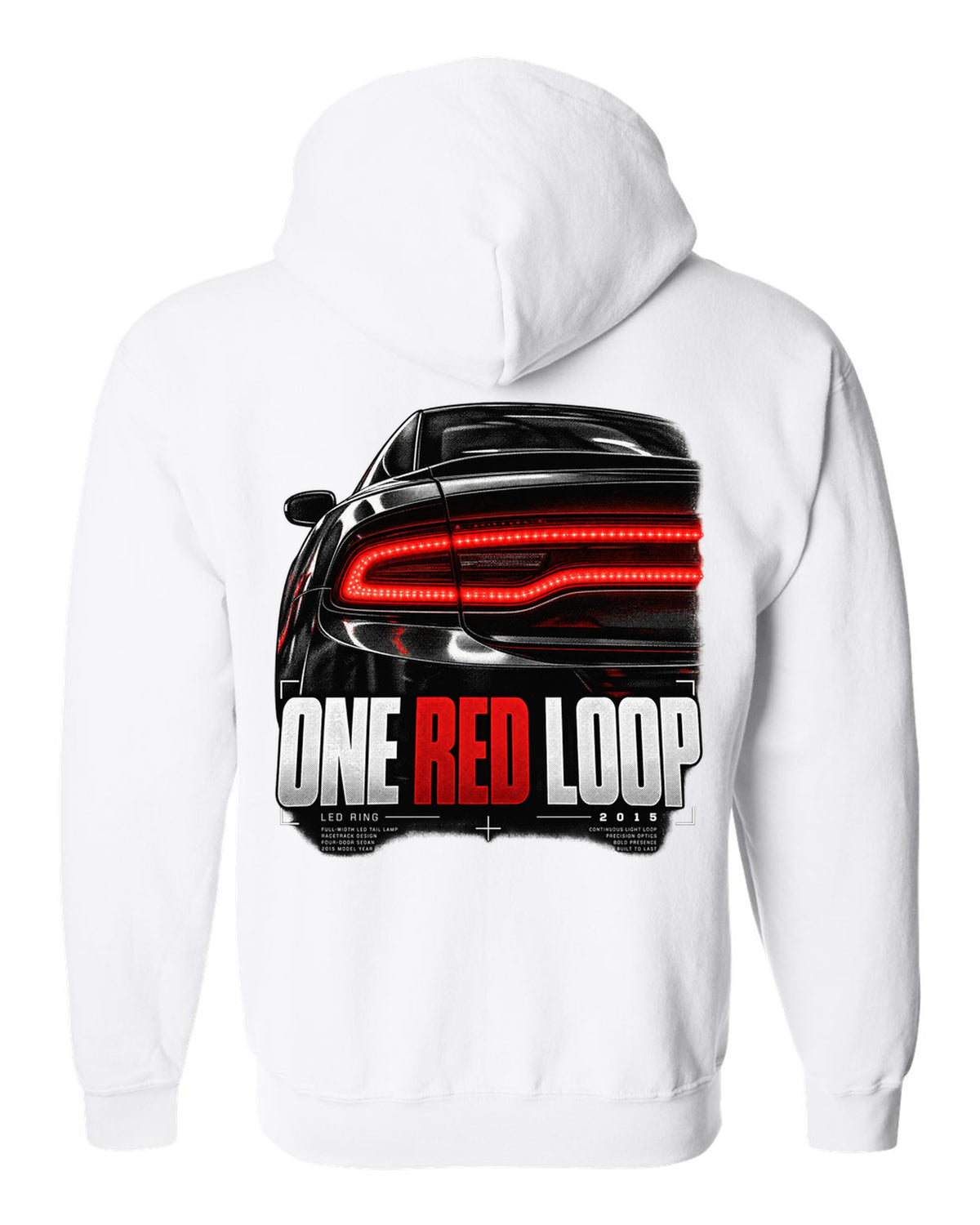 Macro print of a 2015 Dodge Charger LX/LD red LED ring taillight white zip hoodie back view with the design