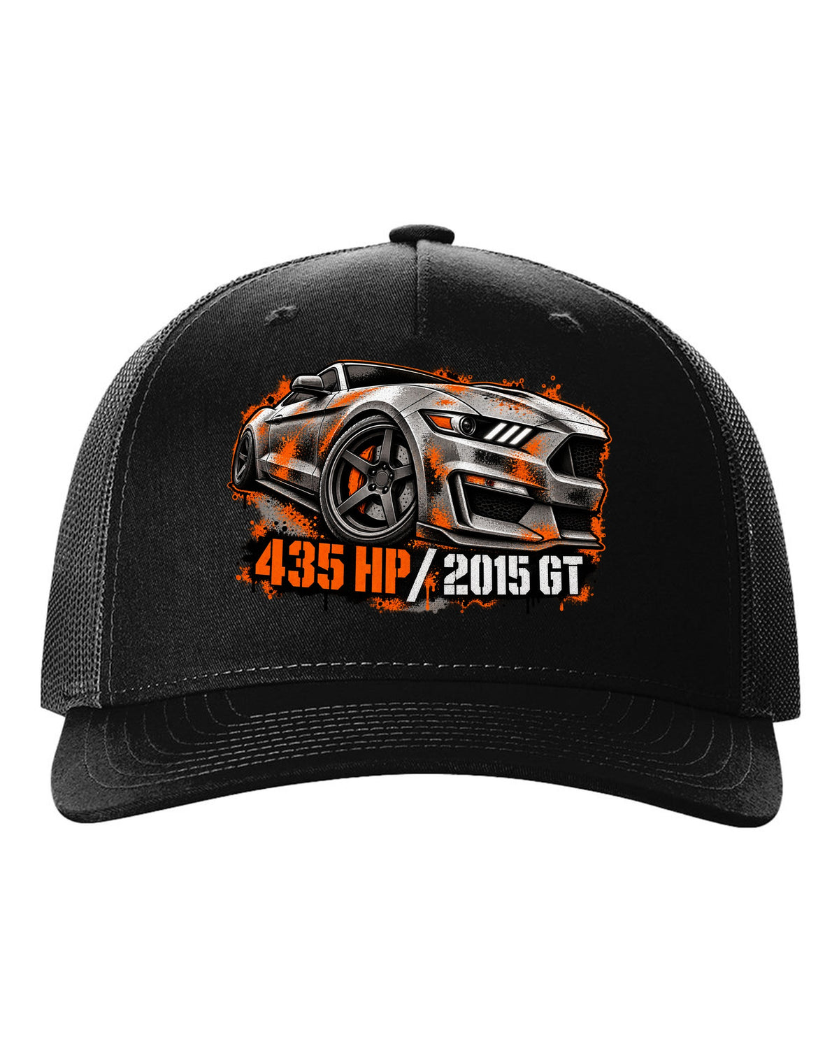 Stencil spray street art 2015 S550 Ford Mustang GT fastback with 435 HP text black hat front view with the design