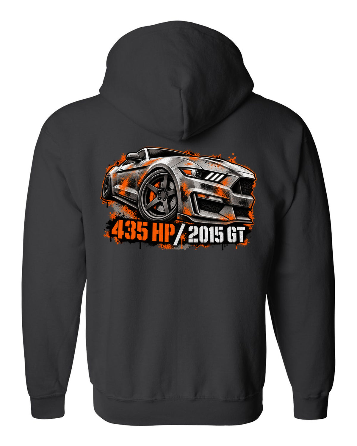 Stencil spray street art 2015 S550 Ford Mustang GT fastback with 435 HP text black zip hoodie back view with the design