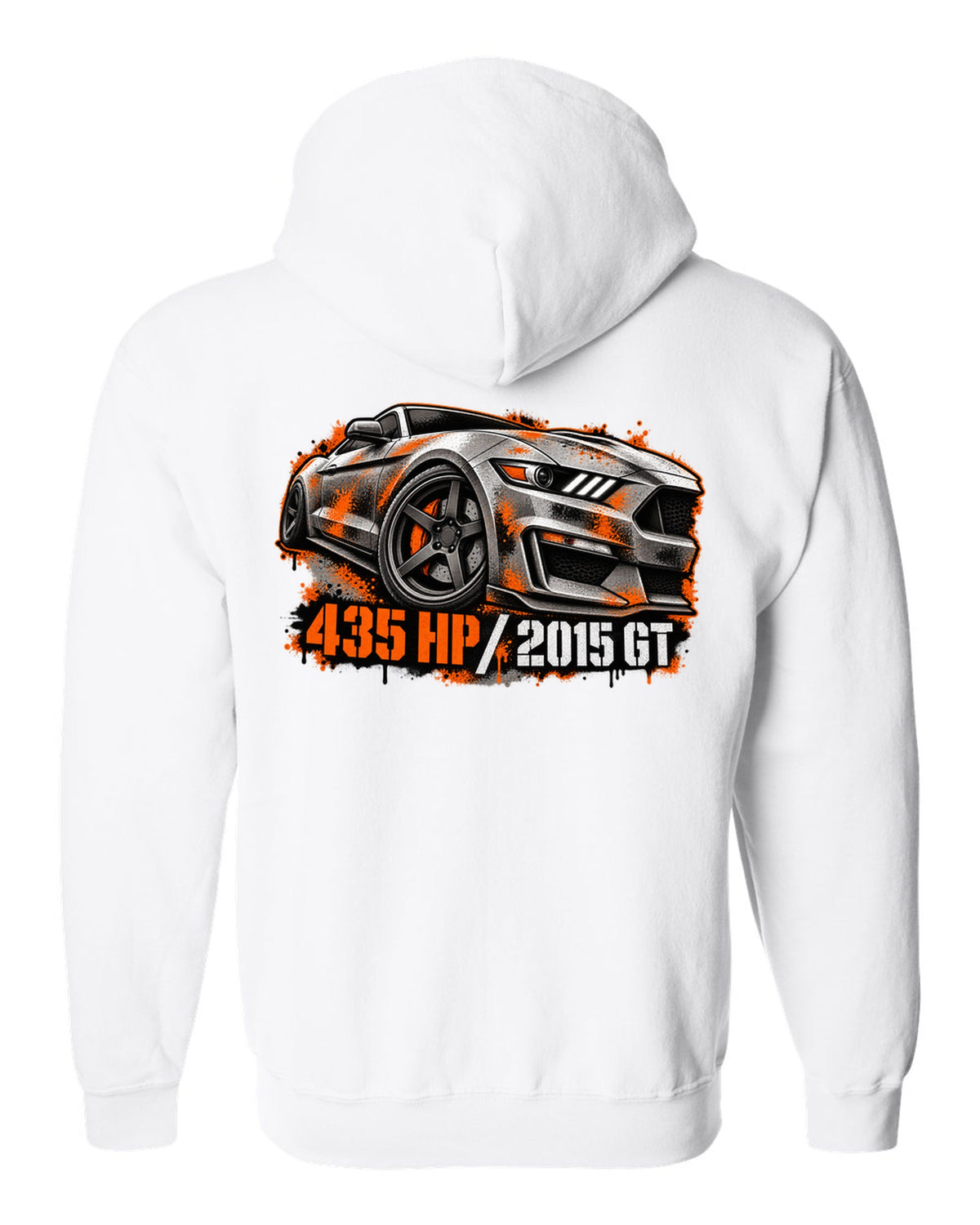 Stencil spray street art 2015 S550 Ford Mustang GT fastback with 435 HP text white zip hoodie back view with the design