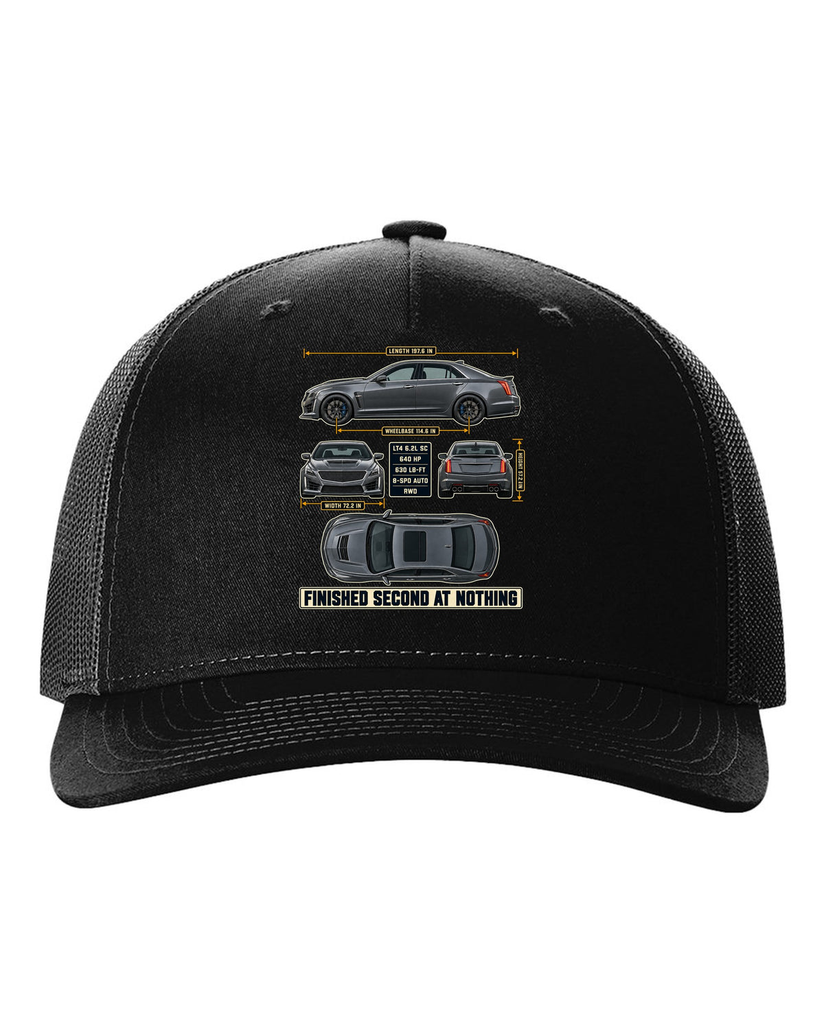 Dimension blueprint print of a 2016-19 Cadillac CTS-V sedan black hat front view with the design