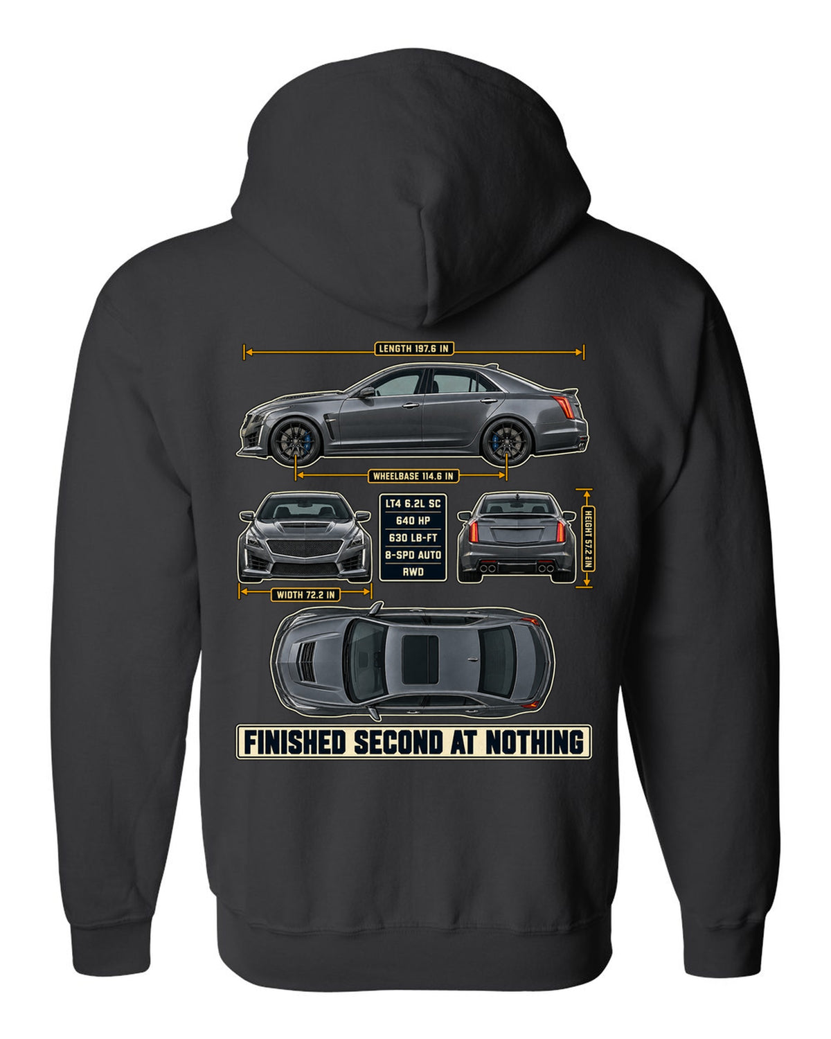 Dimension blueprint print of a 2016-19 Cadillac CTS-V sedan black zip hoodie back view with the design