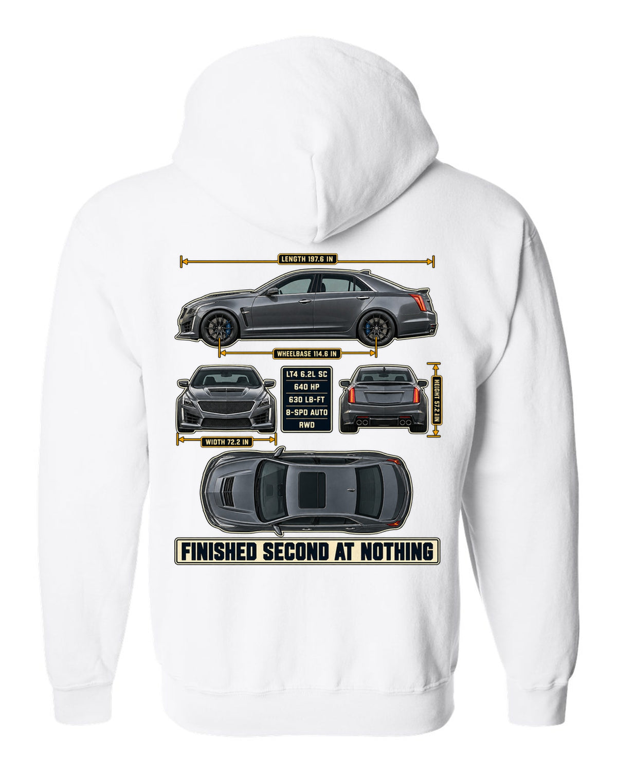 Dimension blueprint print of a 2016-19 Cadillac CTS-V sedan white zip hoodie back view with the design