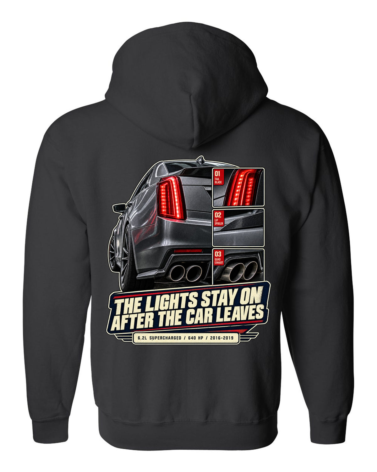 Rear taillight close-up print of a 2016-19 Cadillac CTS-V black zip hoodie back view with the design