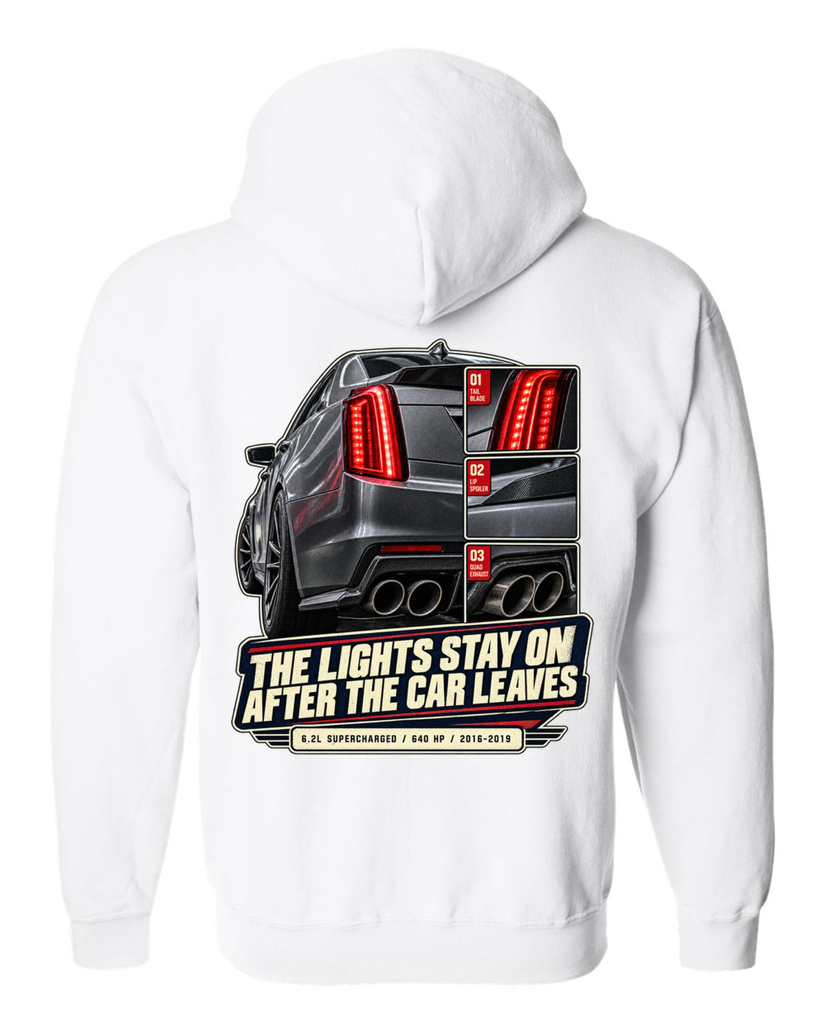 Rear taillight close-up print of a 2016-19 Cadillac CTS-V white zip hoodie back view with the design