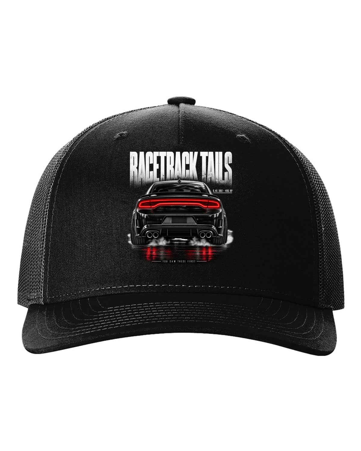 Taillight macro print of a 2016 Dodge Charger Scat Pack LX/LD with 6.4L 392 and 485 HP text black hat front view with the design