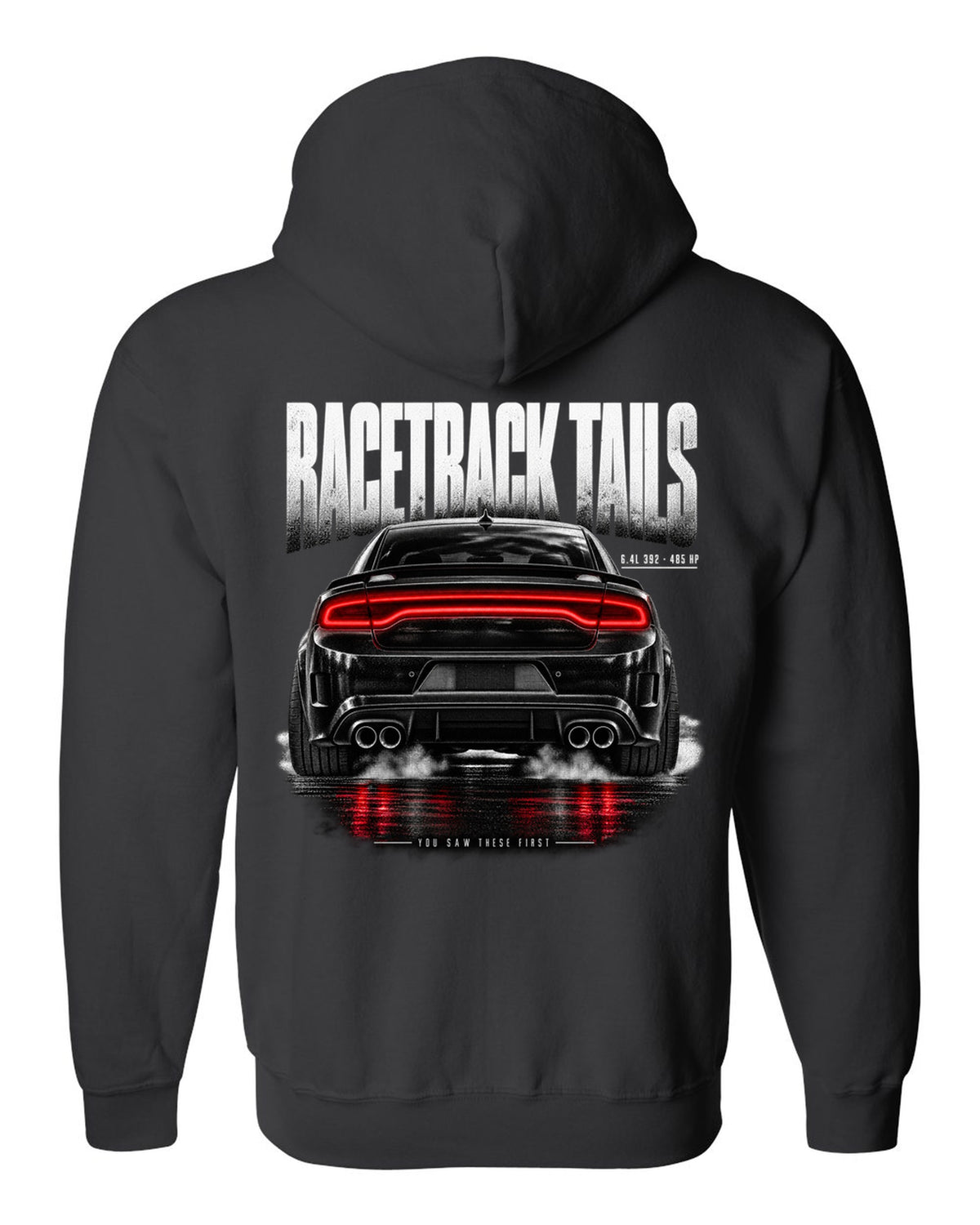 Taillight macro print of a 2016 Dodge Charger Scat Pack LX/LD with 6.4L 392 and 485 HP text black zip hoodie back view with the design