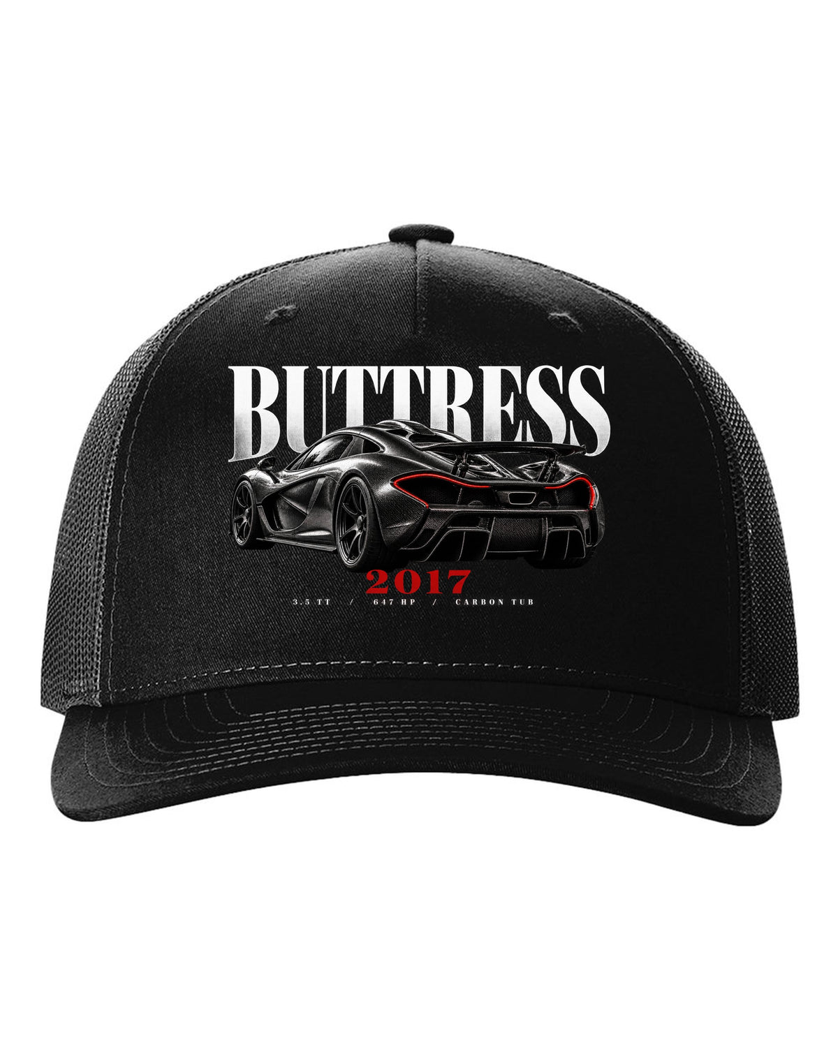 Ford GT 2017-22 buttress editorial print with 3.5 TT, 647 HP and carbon tub text black hat front view with the design